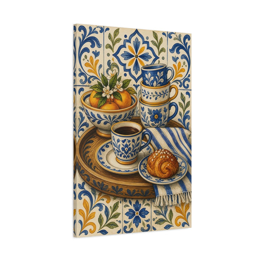 Main Mockup. Vintage Breakfast Still Life Blue And Yellow Breakfast shown as stretched canvas wall art