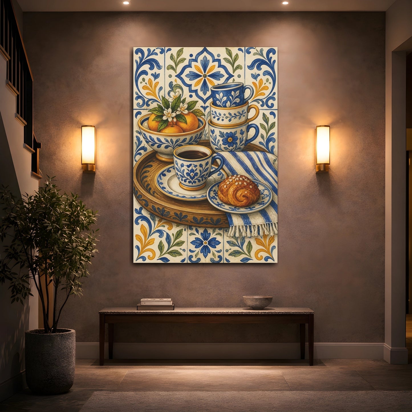 Mockup 2. Vintage Breakfast Still Life Blue And Yellow Breakfast shown as stretched canvas wall art