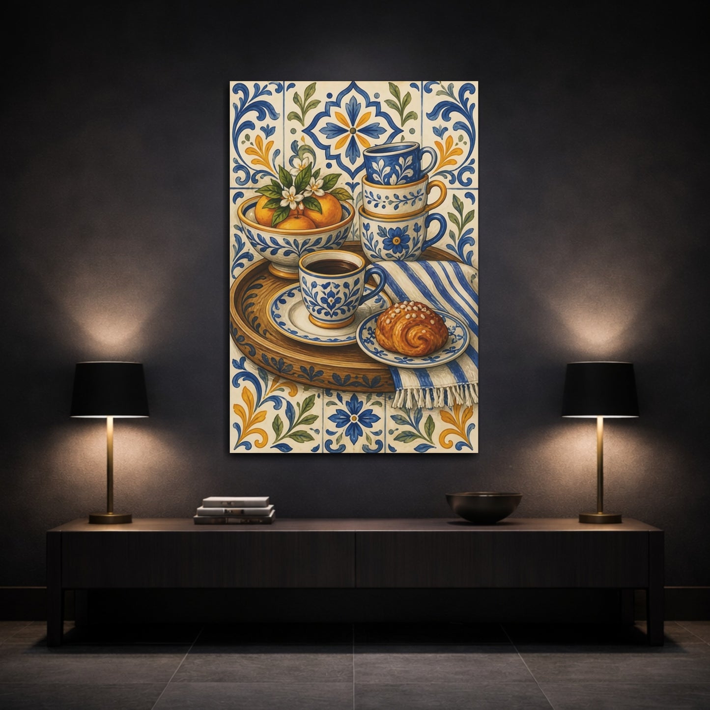 Mockup 3. Vintage Breakfast Still Life Blue And Yellow Breakfast shown as stretched canvas wall art