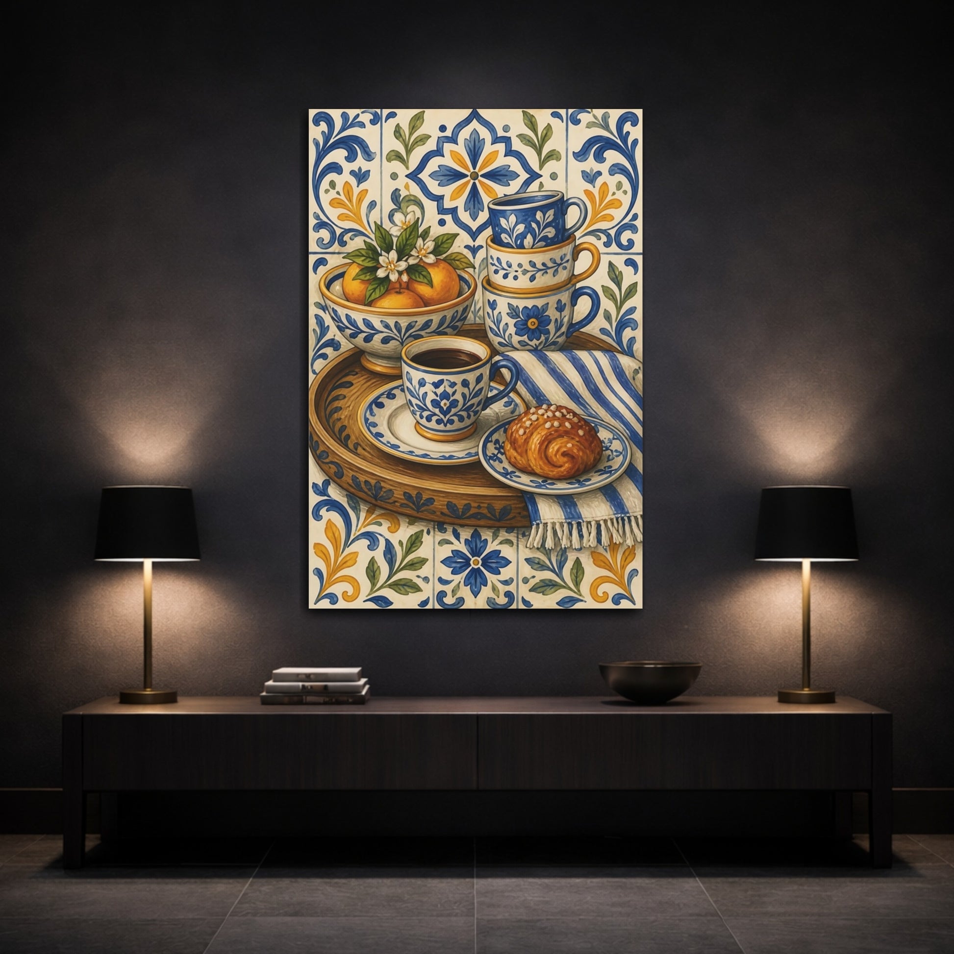 Mockup 3. Vintage Breakfast Still Life Blue And Yellow Breakfast shown as stretched canvas wall art