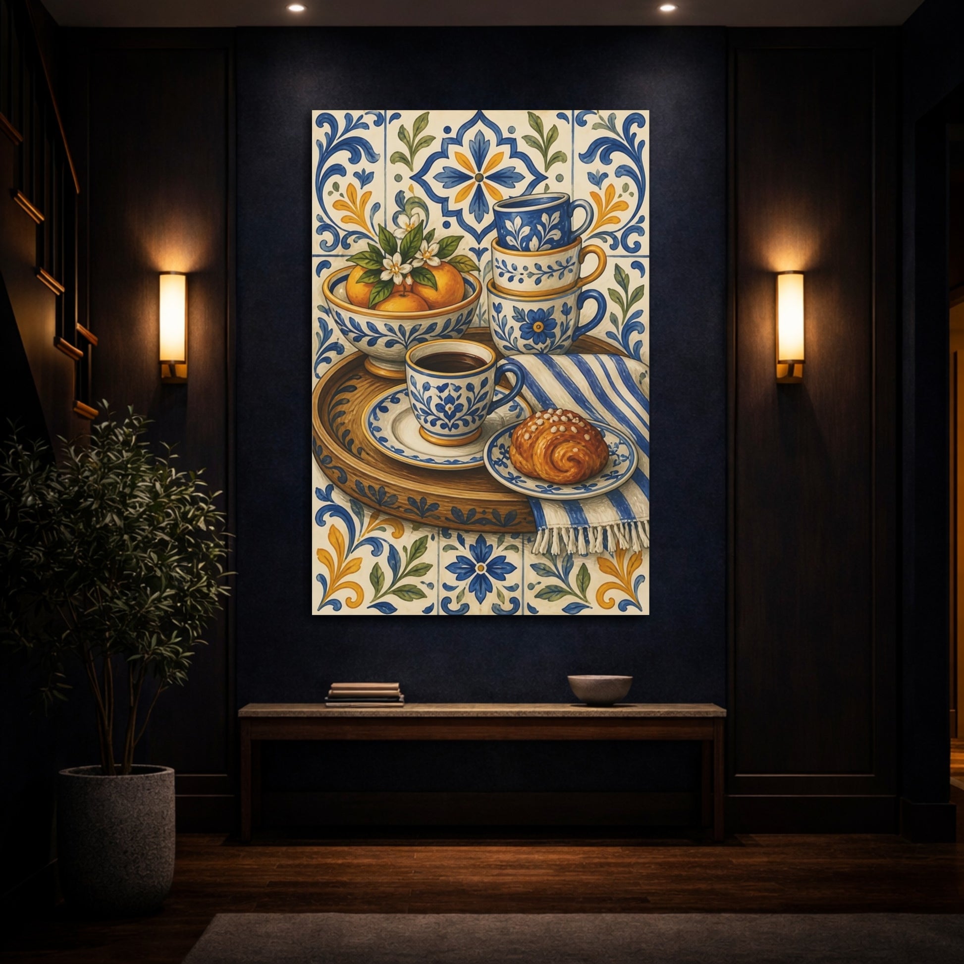 Mockup 4. Vintage Breakfast Still Life Blue And Yellow Breakfast shown as stretched canvas wall art