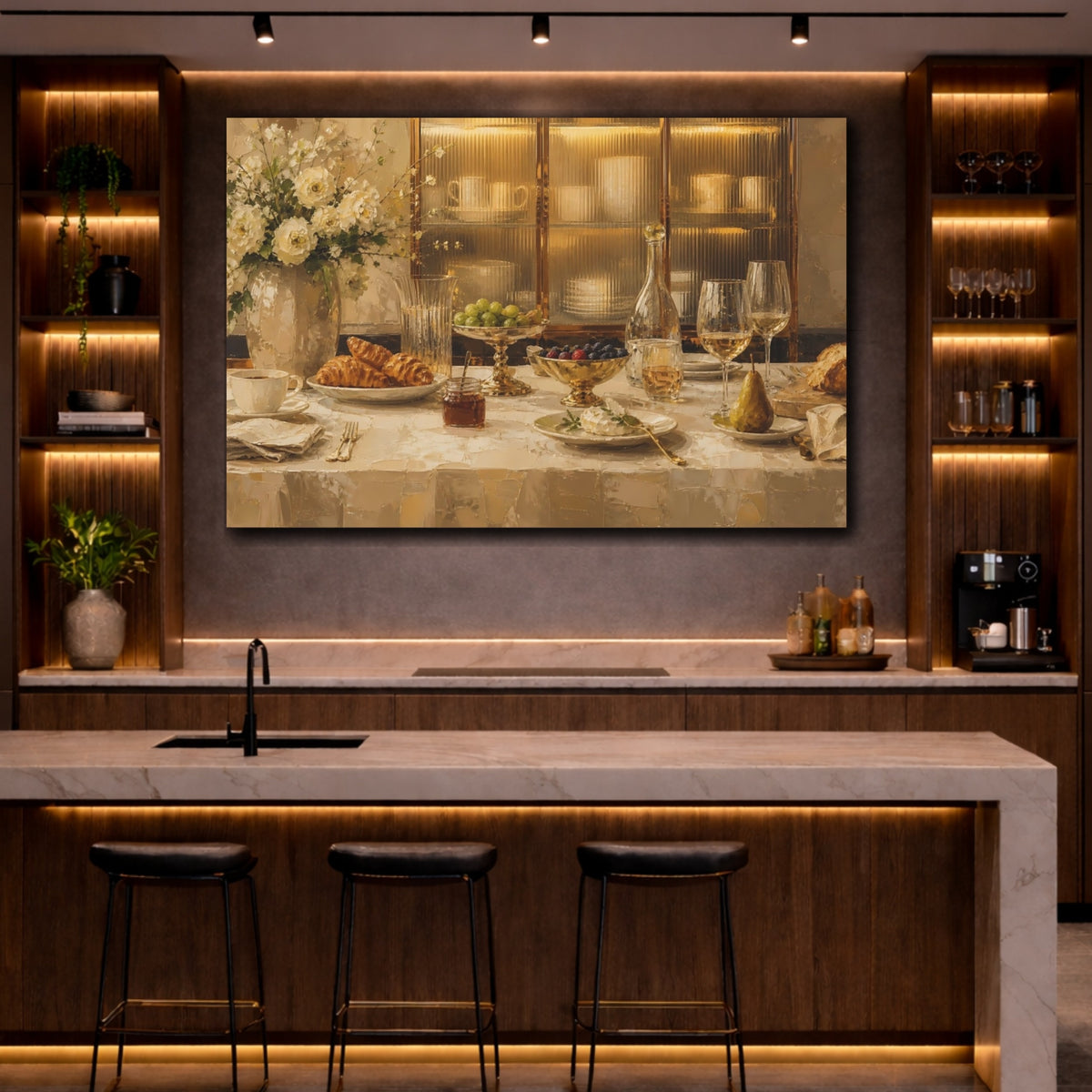 Mockup 2. Vintage Breakfast Table Golden Breakfast shown as stretched canvas wall art