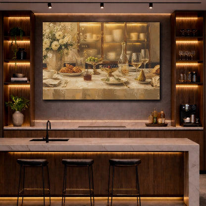 Mockup 2. Vintage Breakfast Table Golden Breakfast shown as stretched canvas wall art