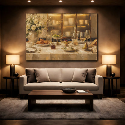 Mockup 3. Vintage Breakfast Table Golden Breakfast shown as stretched canvas wall art