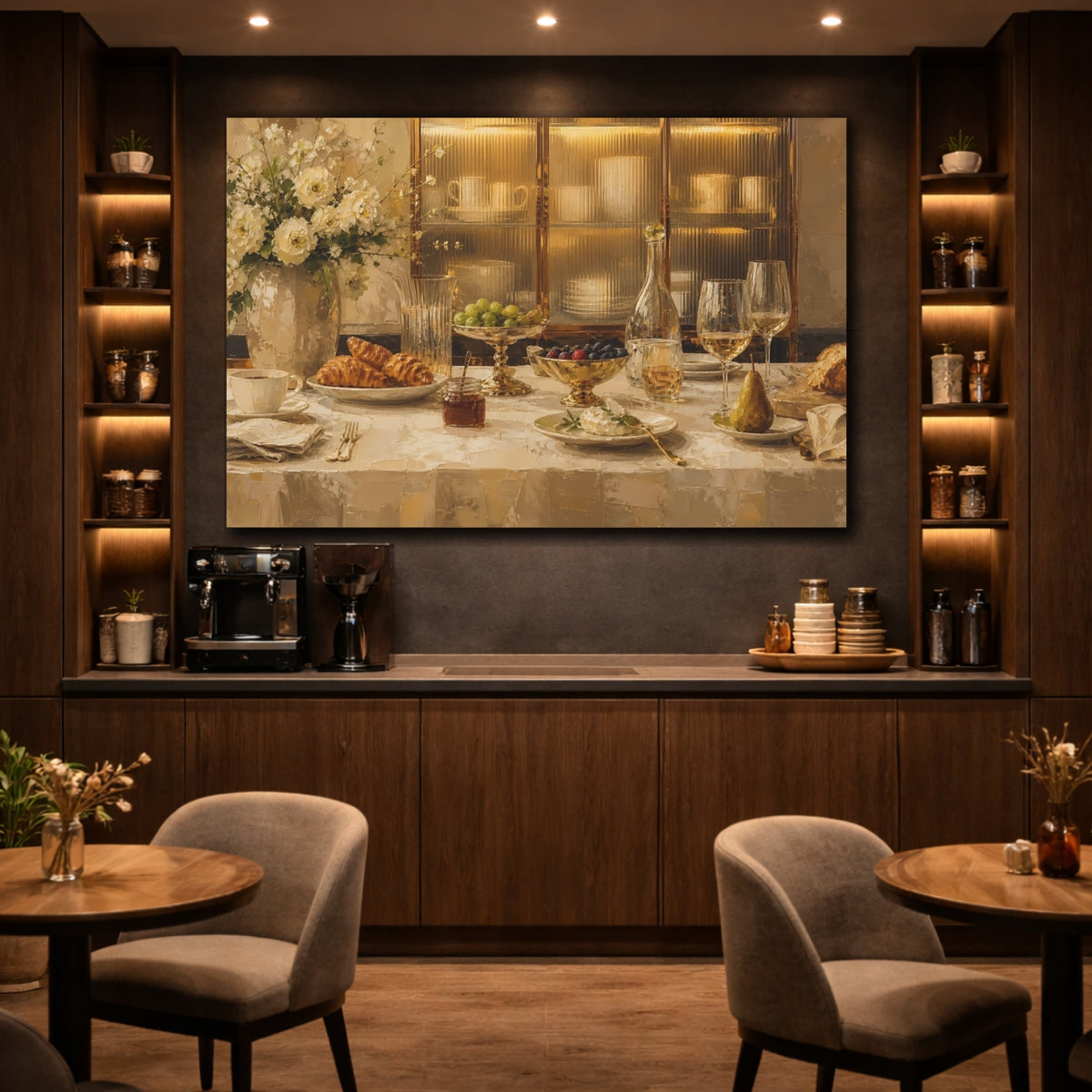 Mockup 4. Vintage Breakfast Table Golden Breakfast shown as stretched canvas wall art