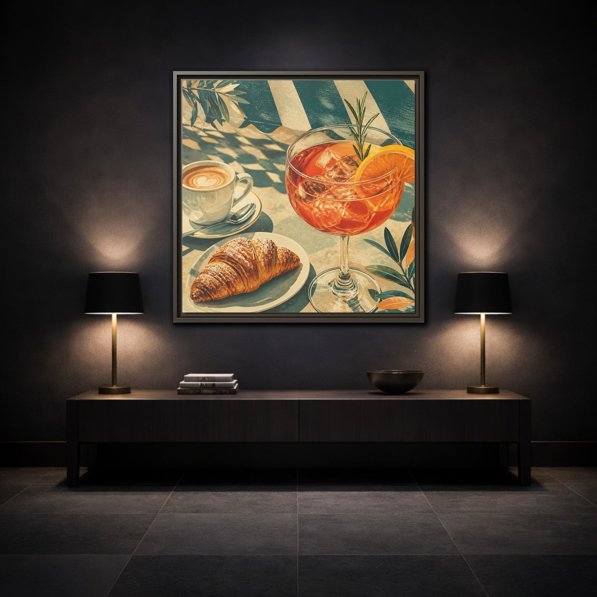 Mockup 3. Vintage Brunch Scene Orange Blue Brunch shown as stretched canvas wall art