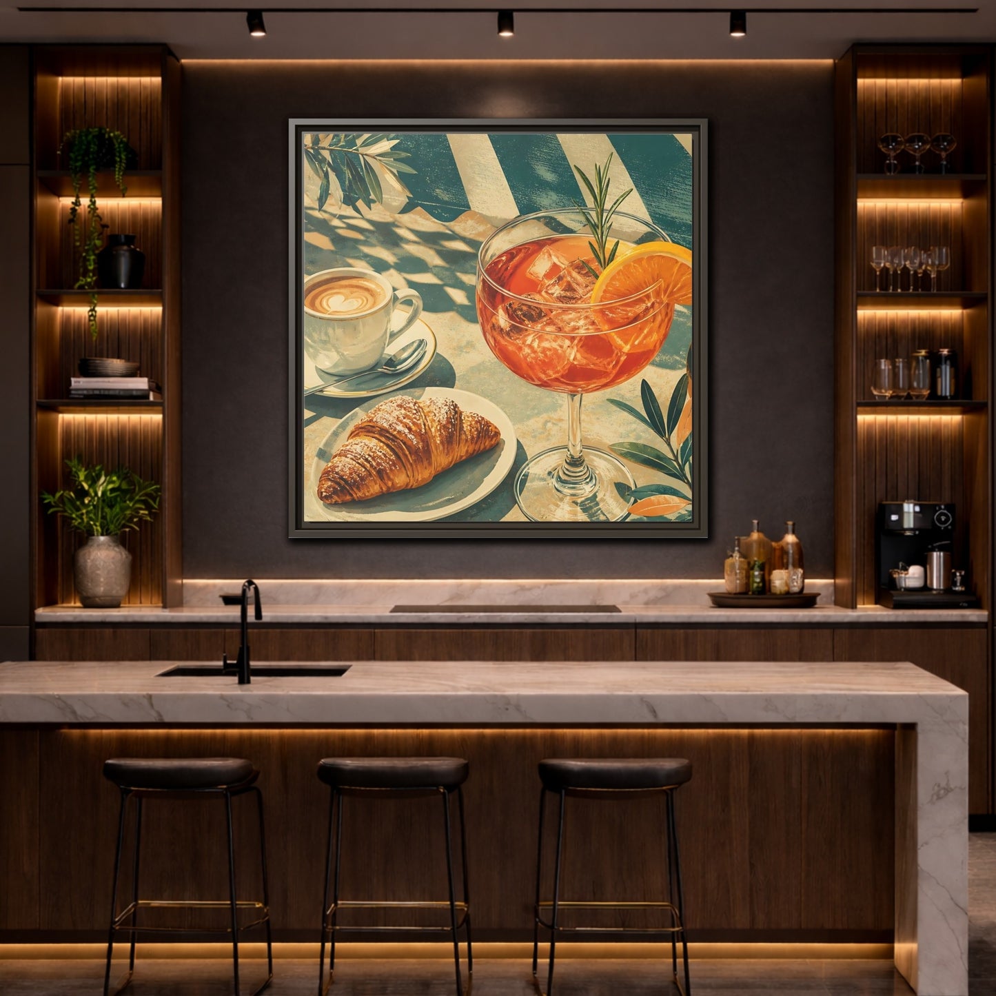 Mockup 4. Vintage Brunch Scene Orange Blue Brunch shown as stretched canvas wall art