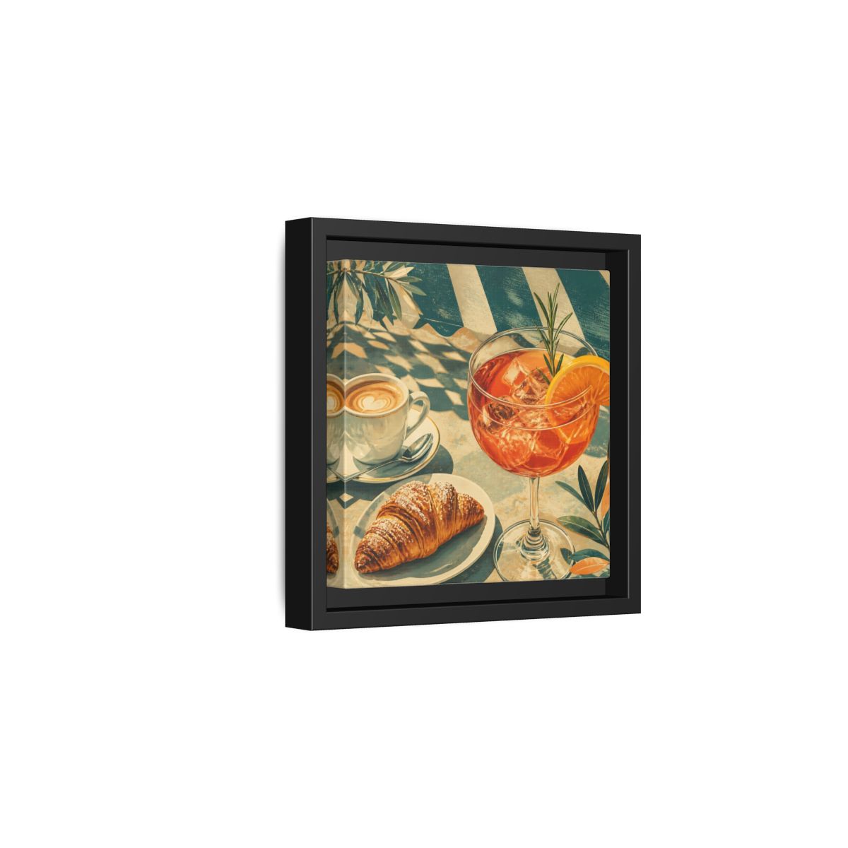 Side Mockup 3. Vintage Brunch Scene Orange Blue Brunch shown as stretched canvas wall art