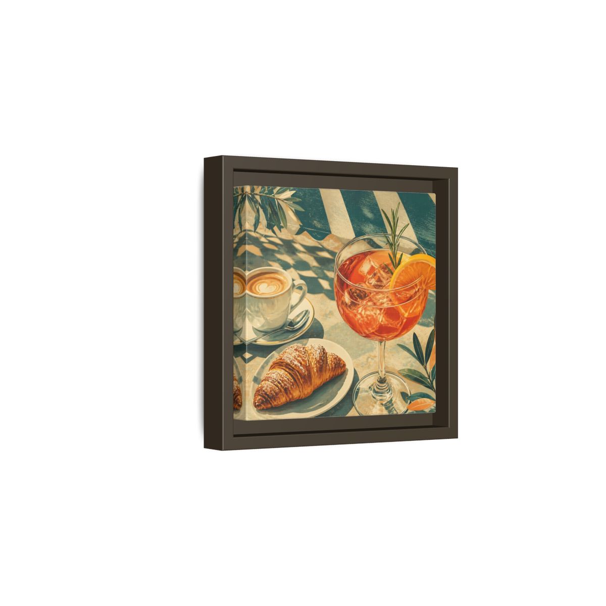 Side Mockup 2. Vintage Brunch Scene Orange Blue Brunch shown as stretched canvas wall art