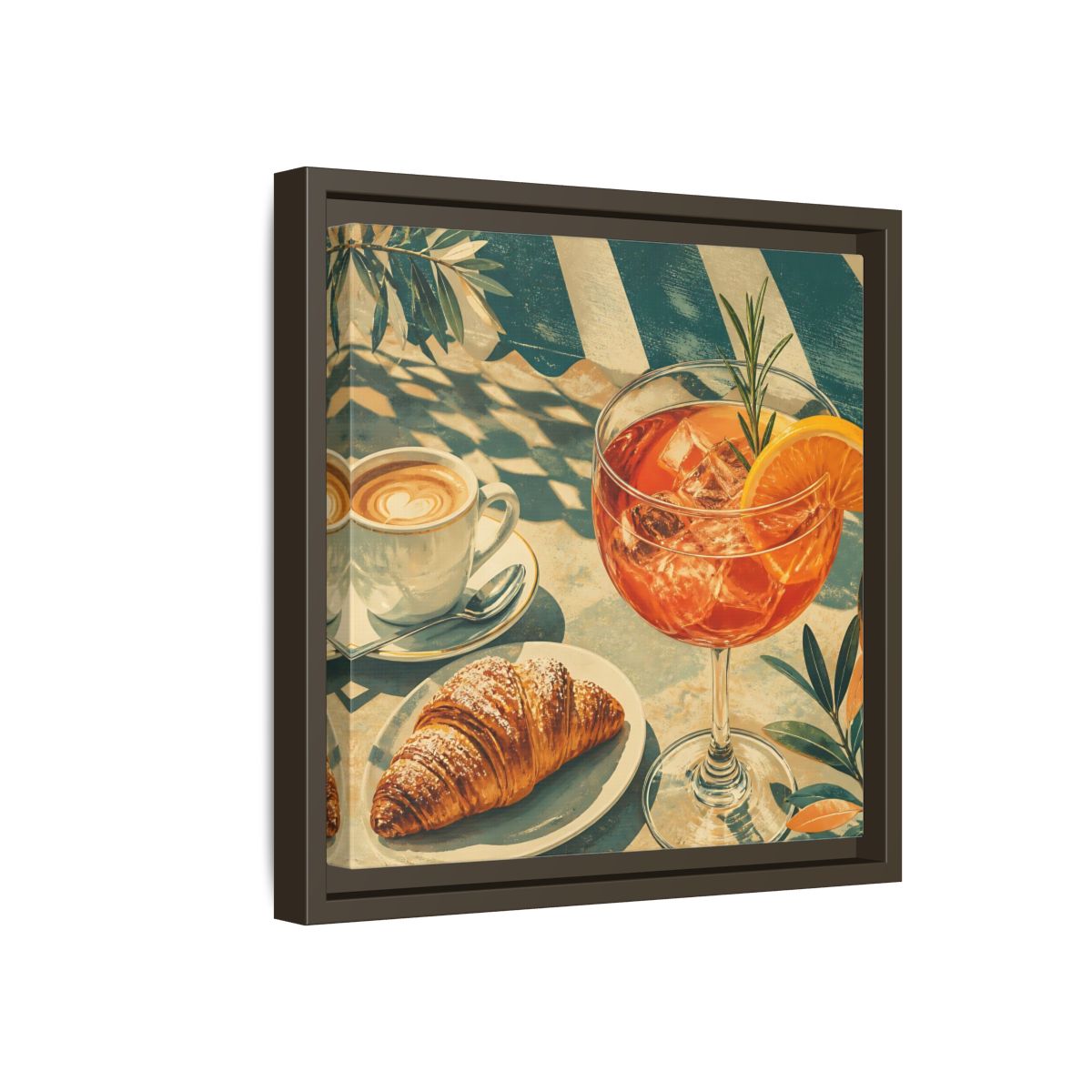 Side Mockup 17. Vintage Brunch Scene Orange Blue Brunch shown as stretched canvas wall art