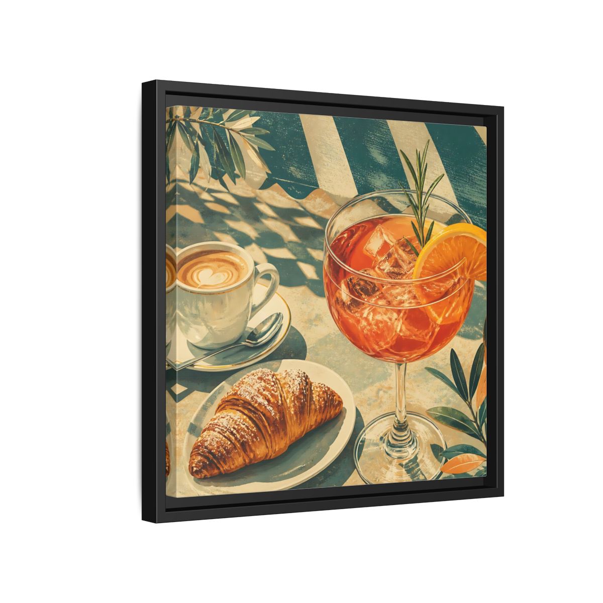 Side Mockup 15. Vintage Brunch Scene Orange Blue Brunch shown as stretched canvas wall art