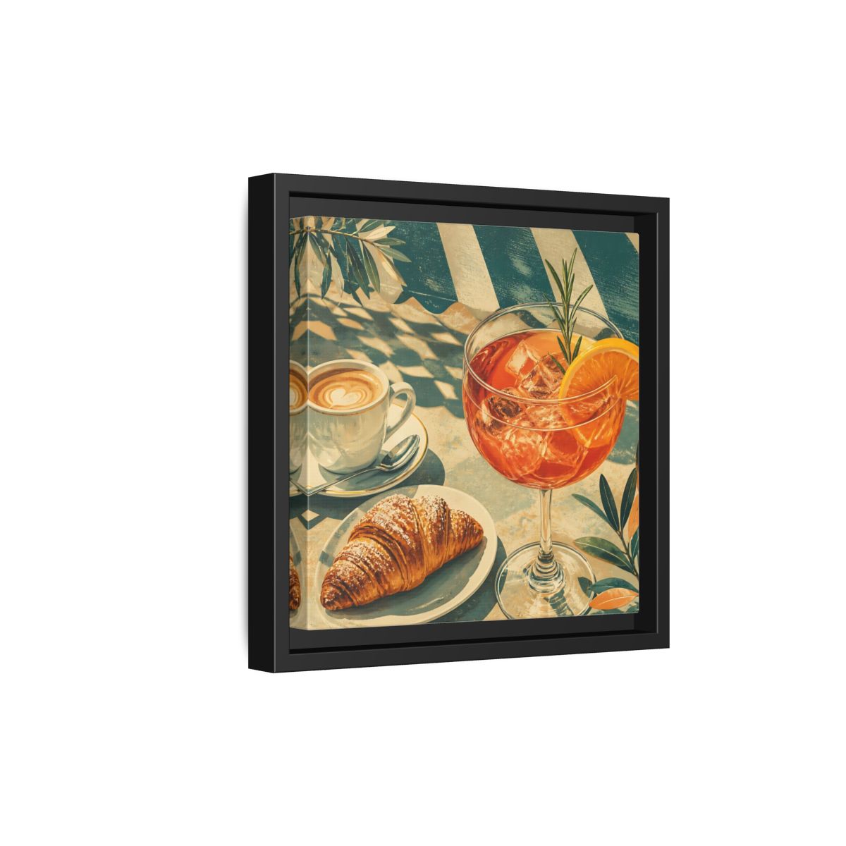 Side Mockup 21. Vintage Brunch Scene Orange Blue Brunch shown as stretched canvas wall art
