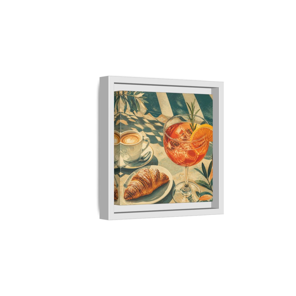 Side Mockup 1. Vintage Brunch Scene Orange Blue Brunch shown as stretched canvas wall art