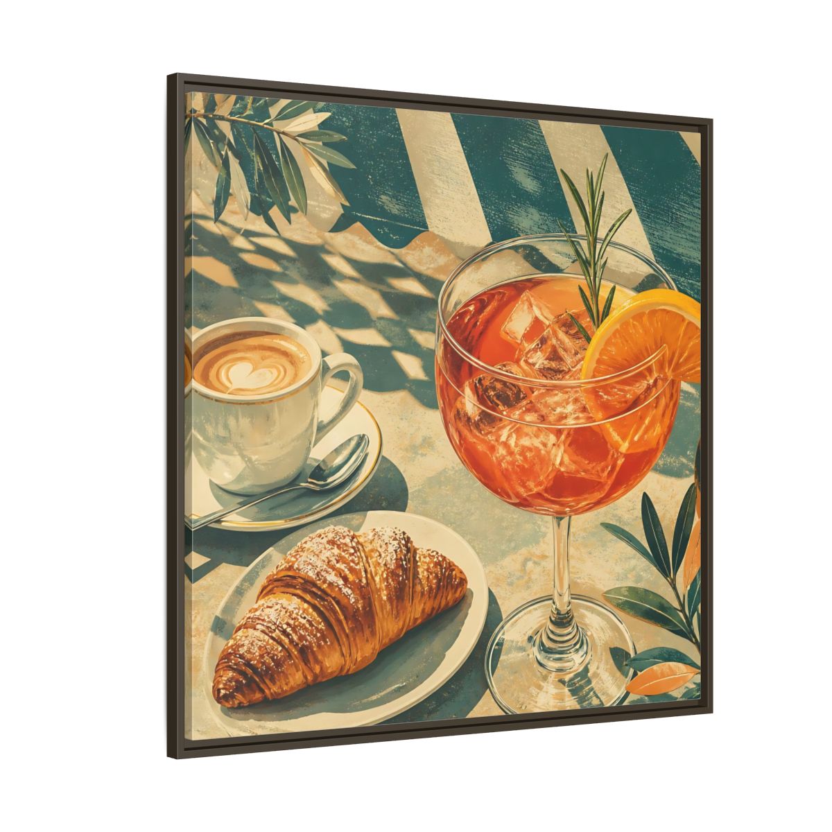 Side Mockup 5. Vintage Brunch Scene Orange Blue Brunch shown as stretched canvas wall art