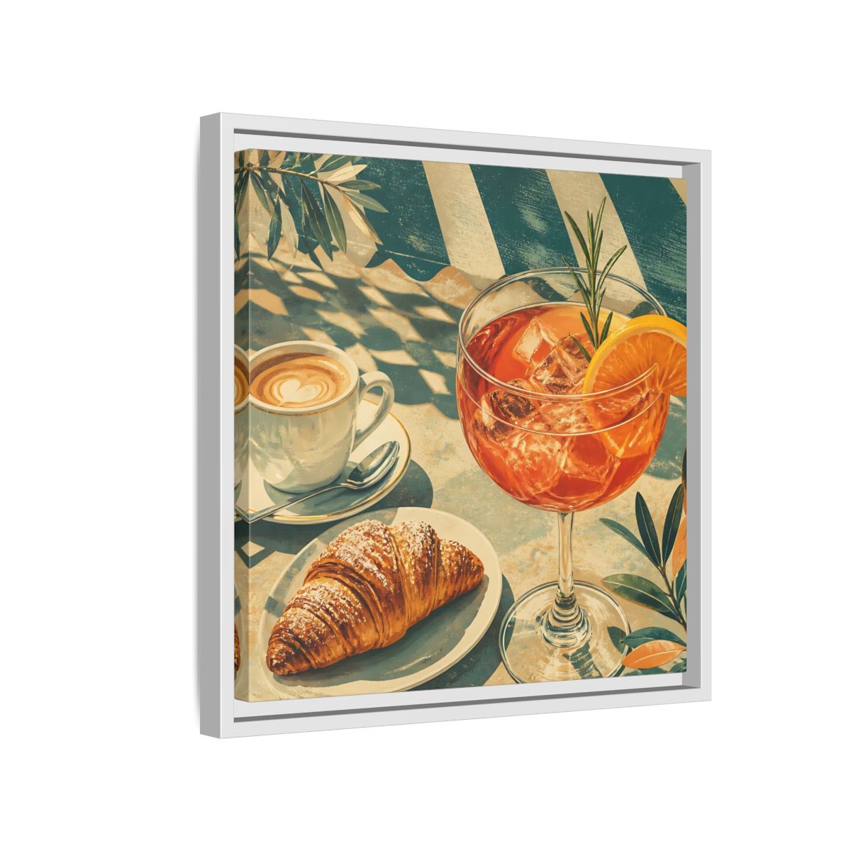 Side Mockup 13. Vintage Brunch Scene Orange Blue Brunch shown as stretched canvas wall art