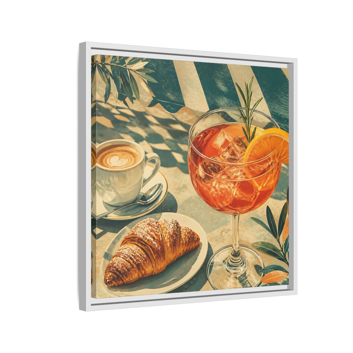 Side Mockup 10. Vintage Brunch Scene Orange Blue Brunch shown as stretched canvas wall art