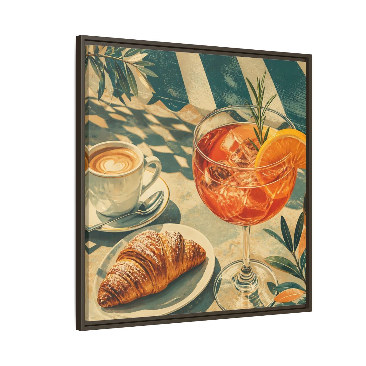 Side Mockup 8. Vintage Brunch Scene Orange Blue Brunch shown as stretched canvas wall art