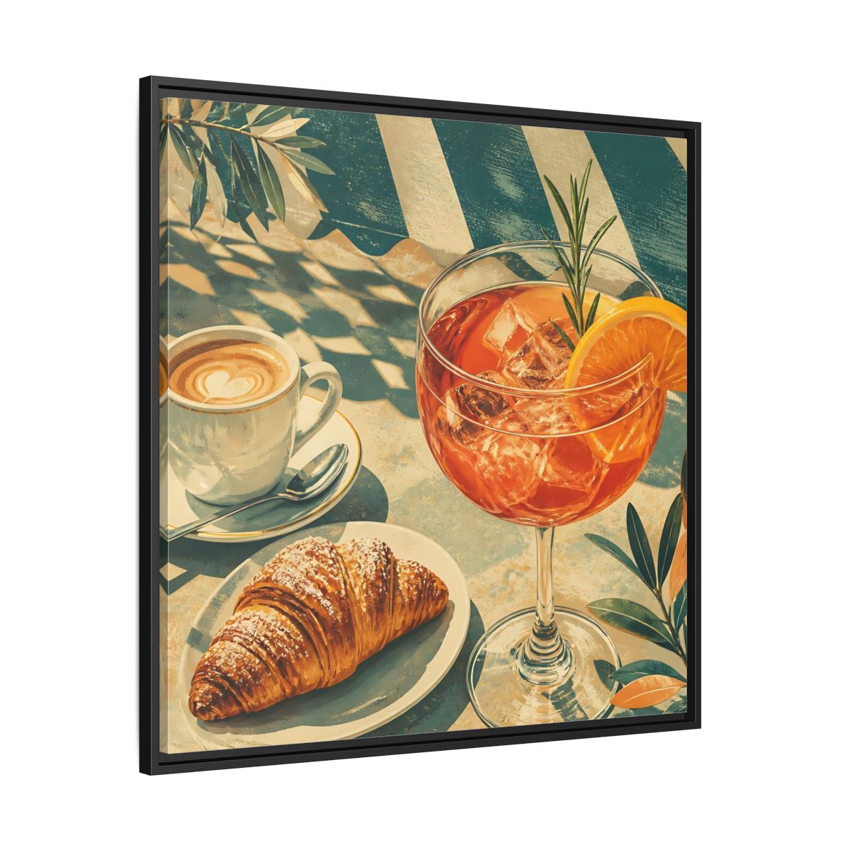 Side Mockup 30. Vintage Brunch Scene Orange Blue Brunch shown as stretched canvas wall art
