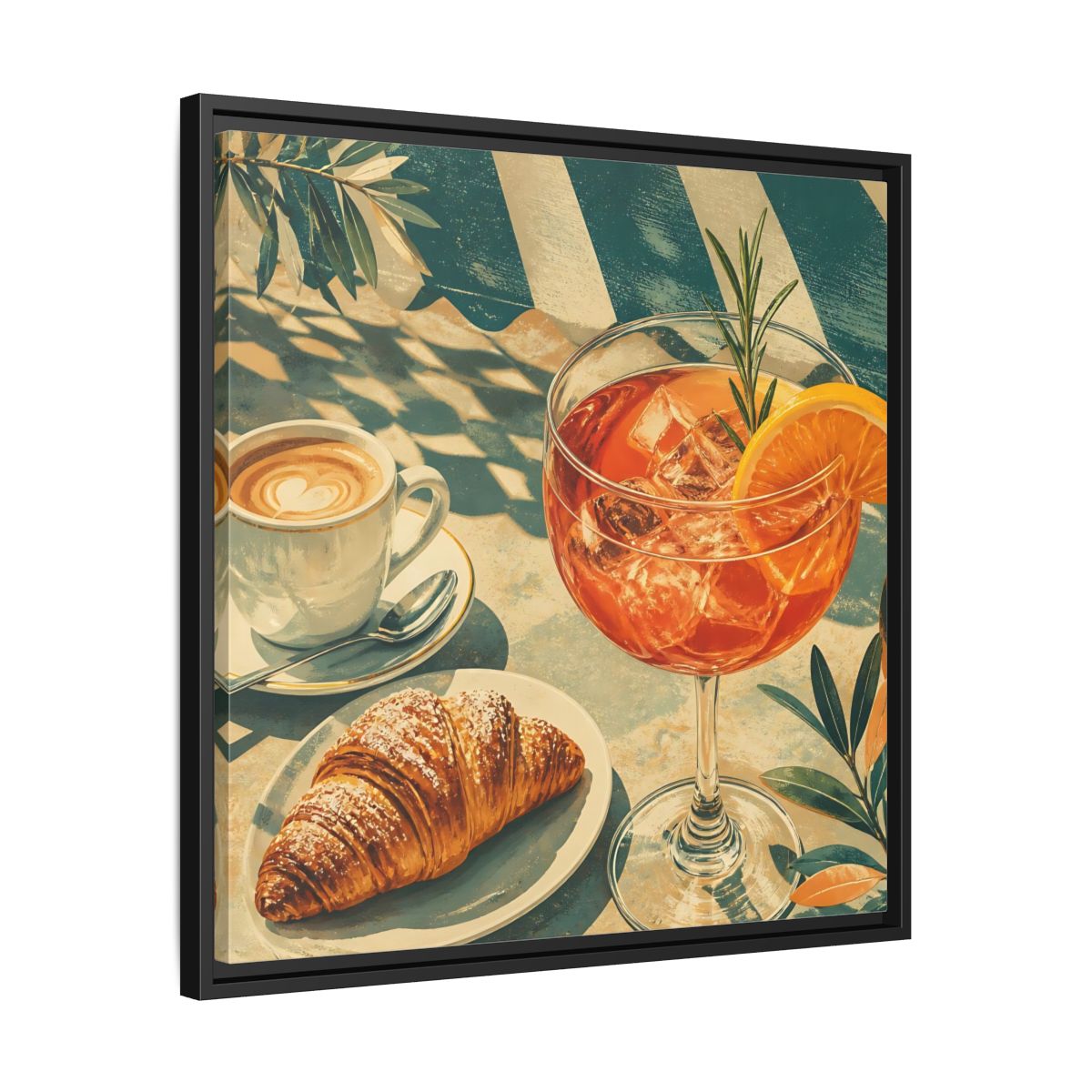 Side Mockup 31. Vintage Brunch Scene Orange Blue Brunch shown as stretched canvas wall art