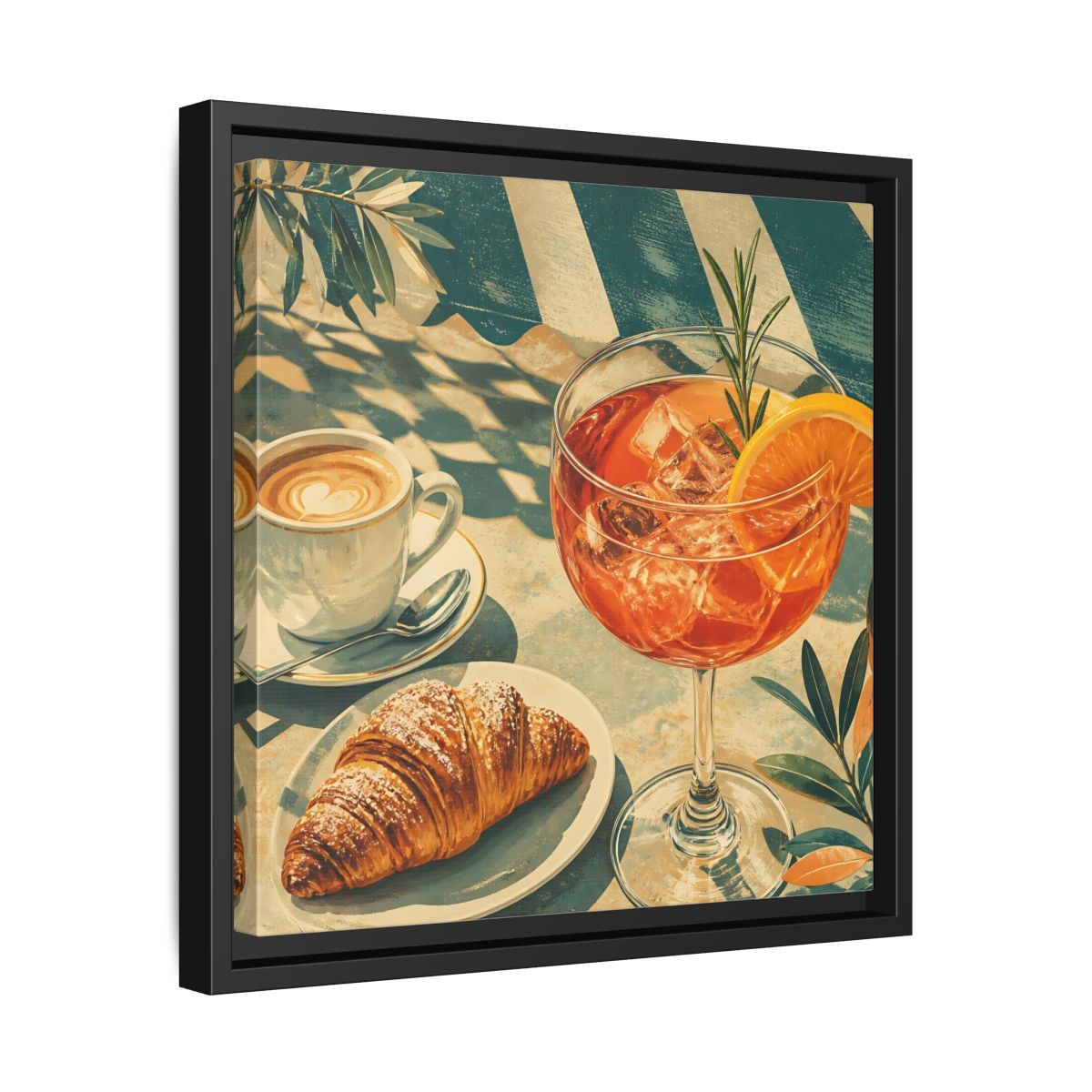 Side Mockup 32. Vintage Brunch Scene Orange Blue Brunch shown as stretched canvas wall art