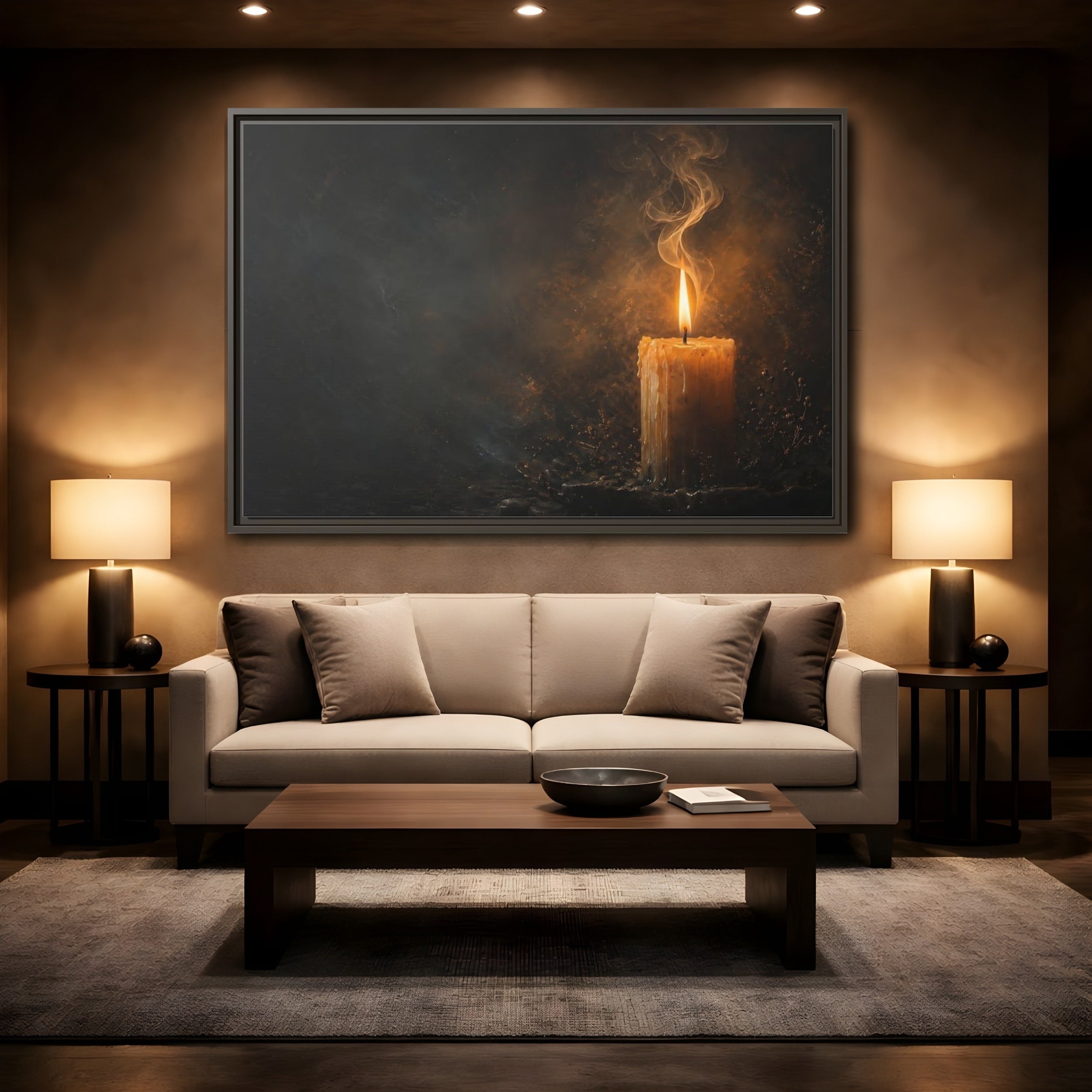 Mockup 2. Vintage Burning Candle Golden Candle shown as stretched canvas wall art