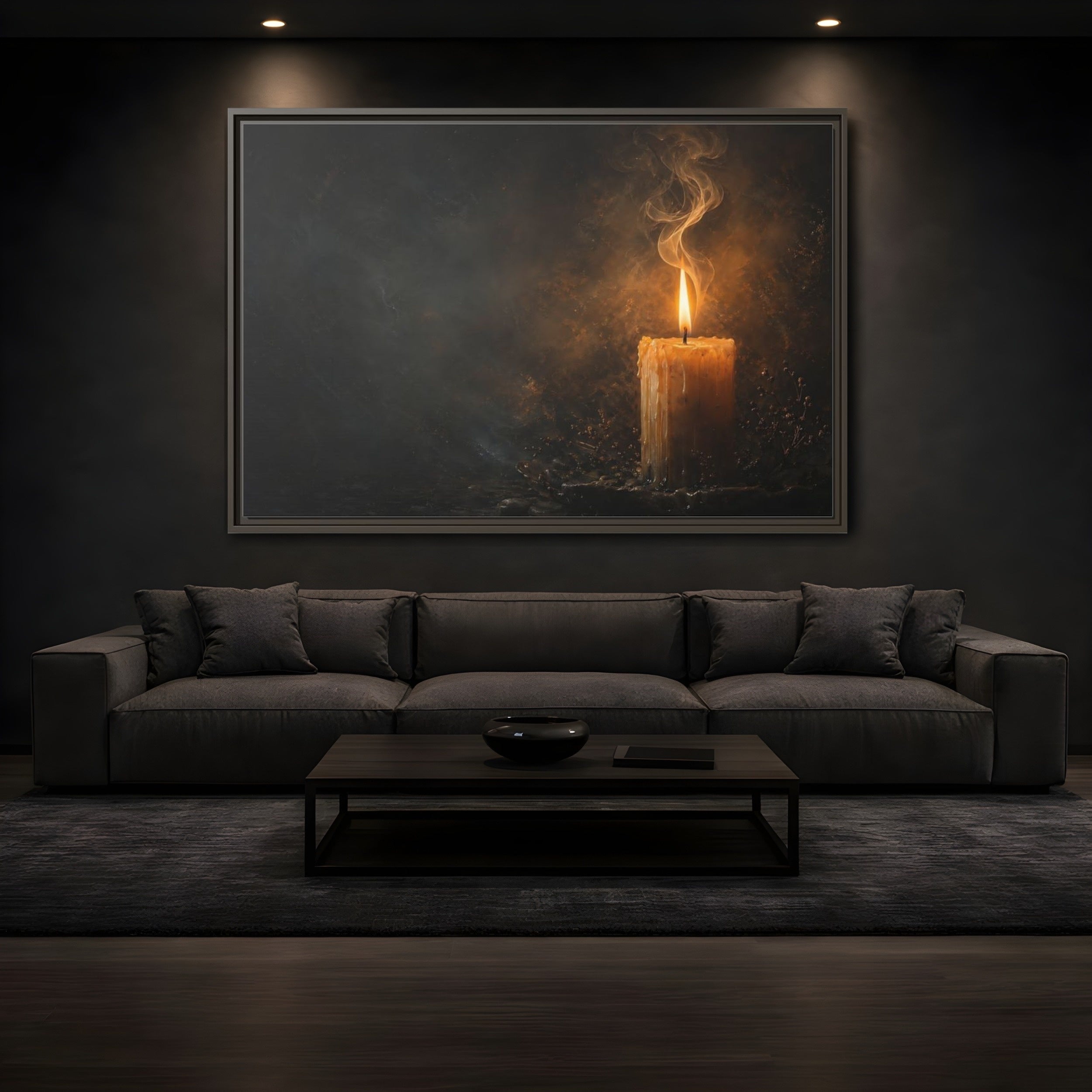 Mockup 3. Vintage Burning Candle Golden Candle shown as stretched canvas wall art