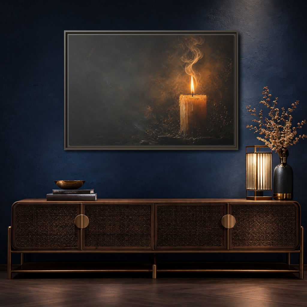 Mockup 4. Vintage Burning Candle Golden Candle shown as stretched canvas wall art