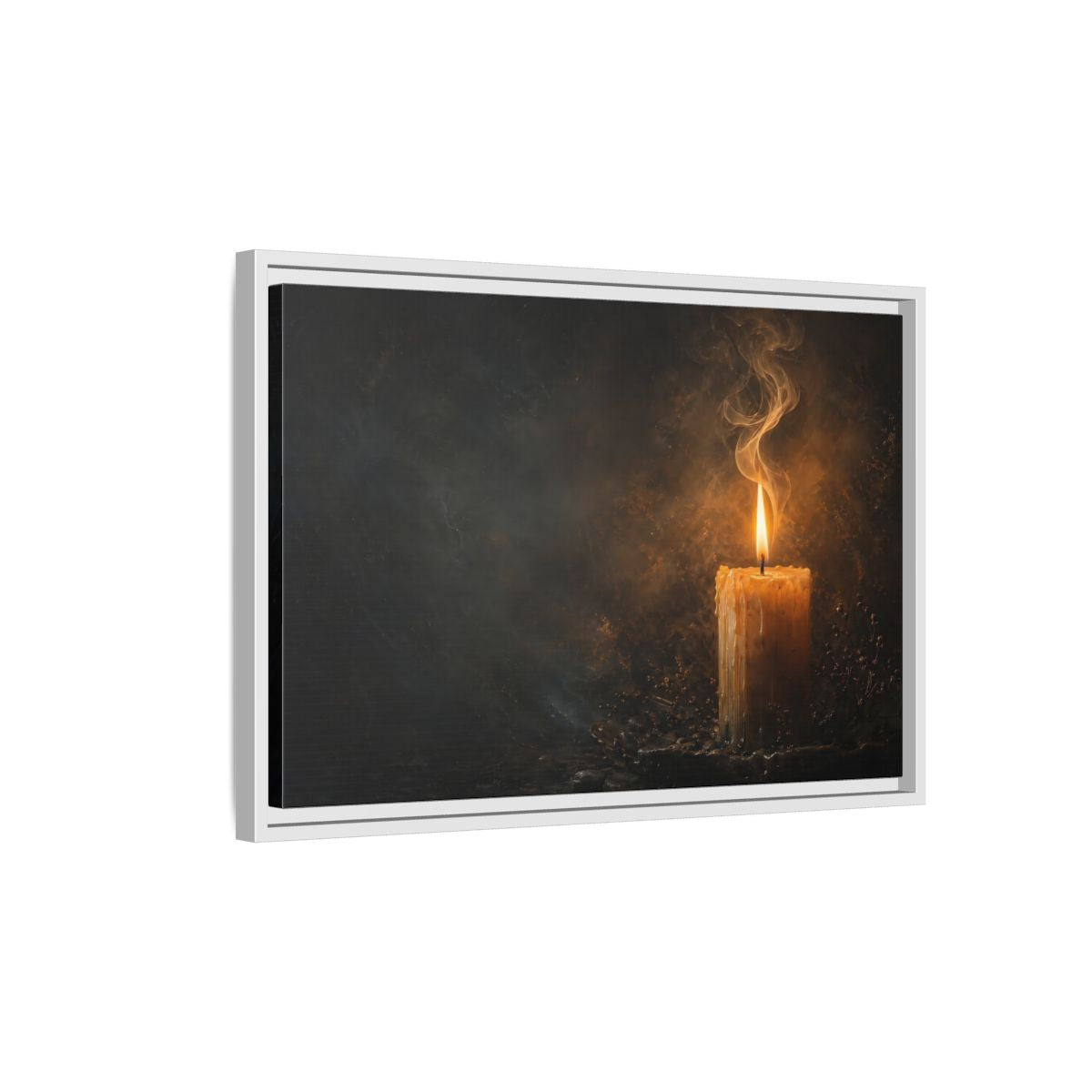 Side Mockup 1. Vintage Burning Candle Golden Candle shown as stretched canvas wall art