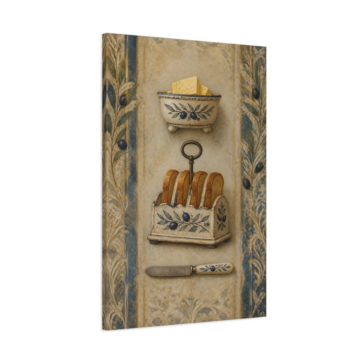 Main Mockup. Vintage Butter And Toast Brown And Blue Vintage shown as stretched canvas wall art