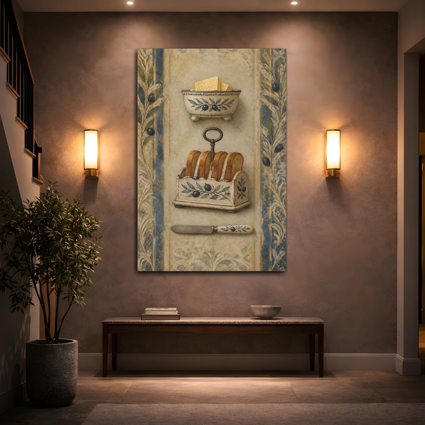 Mockup 2. Vintage Butter And Toast Brown And Blue Vintage shown as stretched canvas wall art