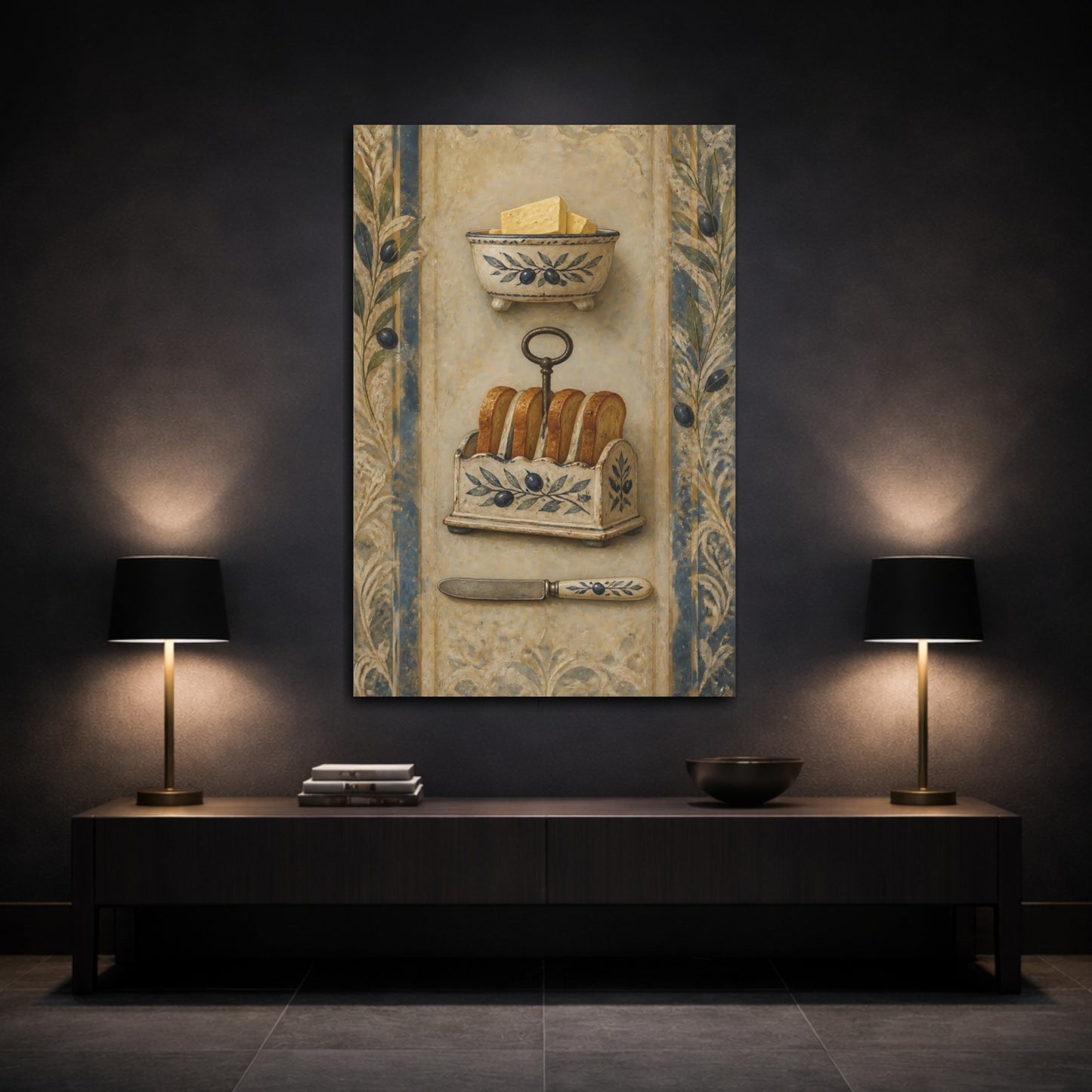 Mockup 3. Vintage Butter And Toast Brown And Blue Vintage shown as stretched canvas wall art