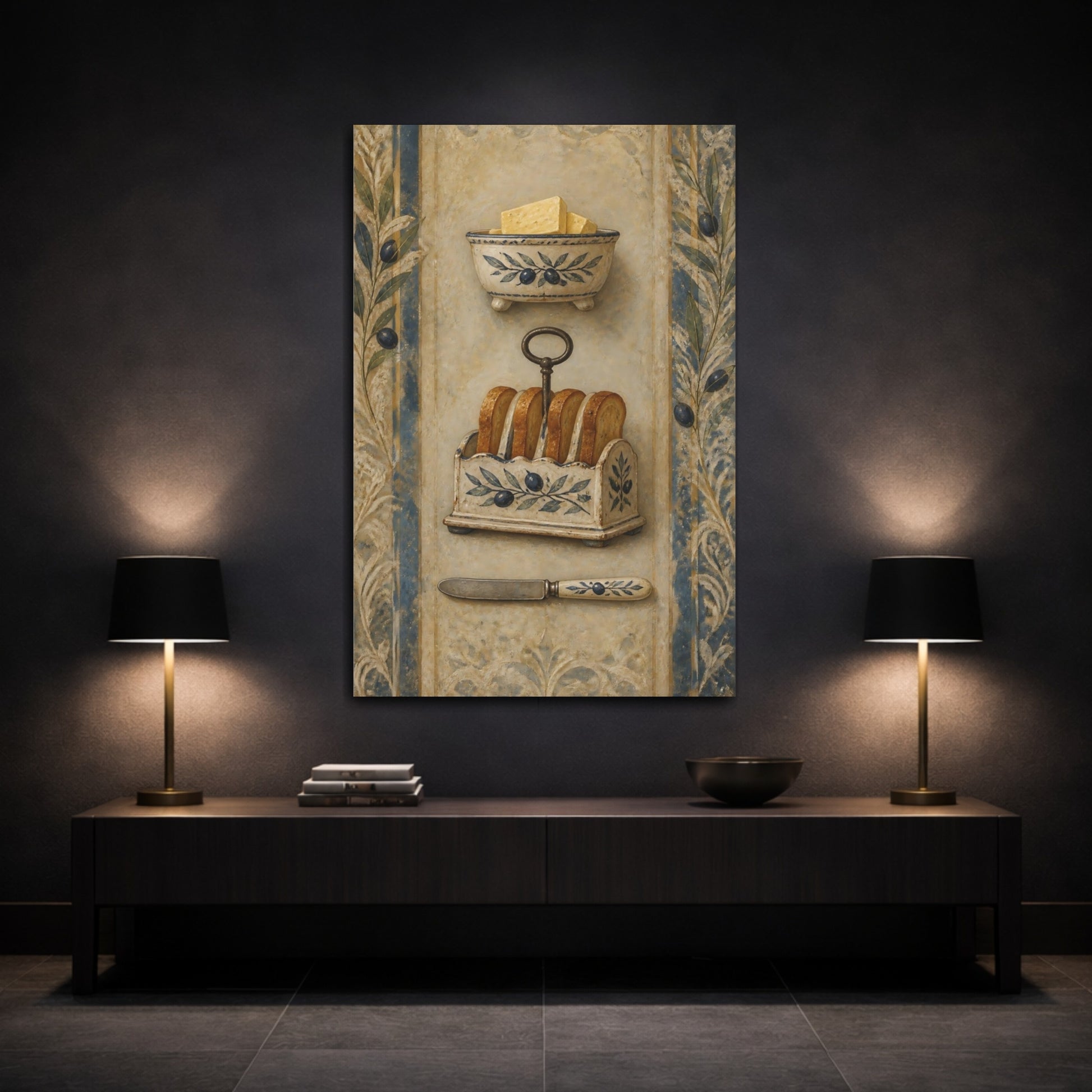 Mockup 3. Vintage Butter And Toast Brown And Blue Vintage shown as stretched canvas wall art