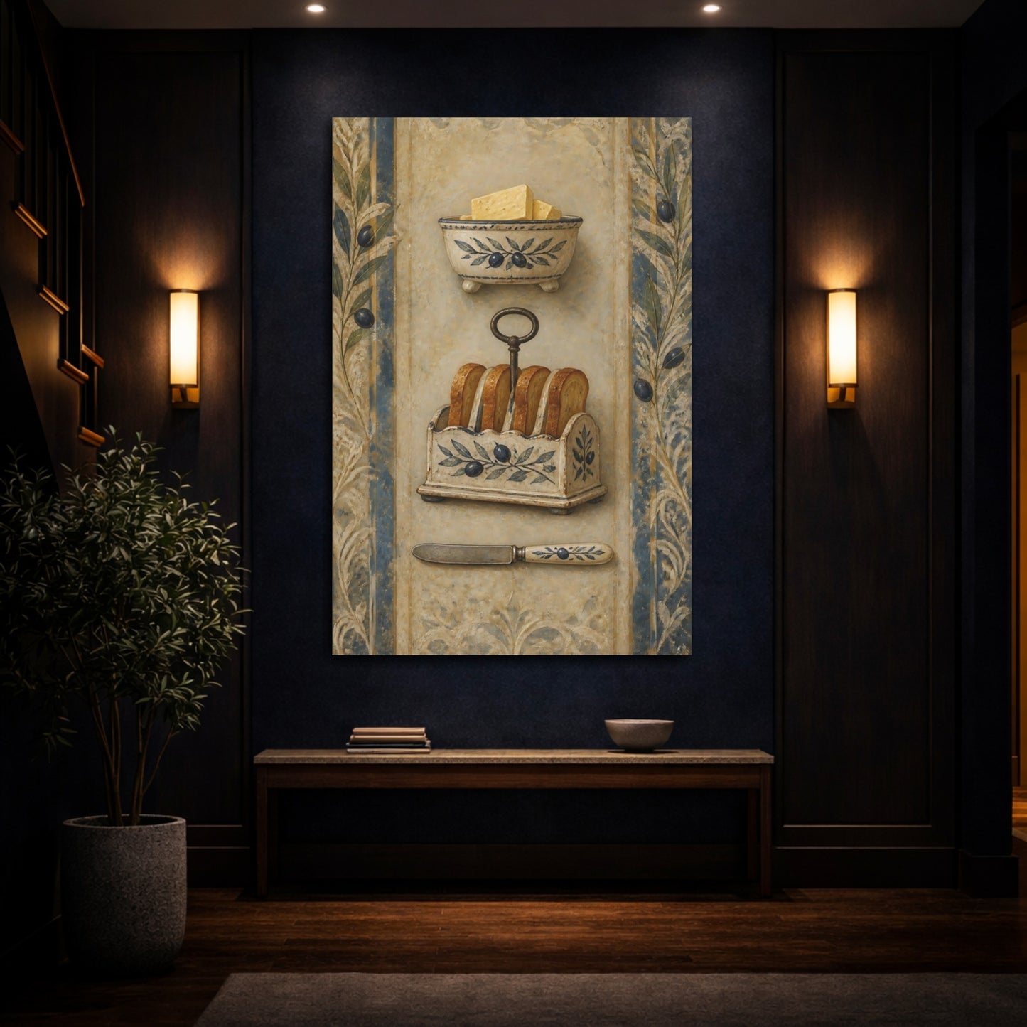 Mockup 4. Vintage Butter And Toast Brown And Blue Vintage shown as stretched canvas wall art