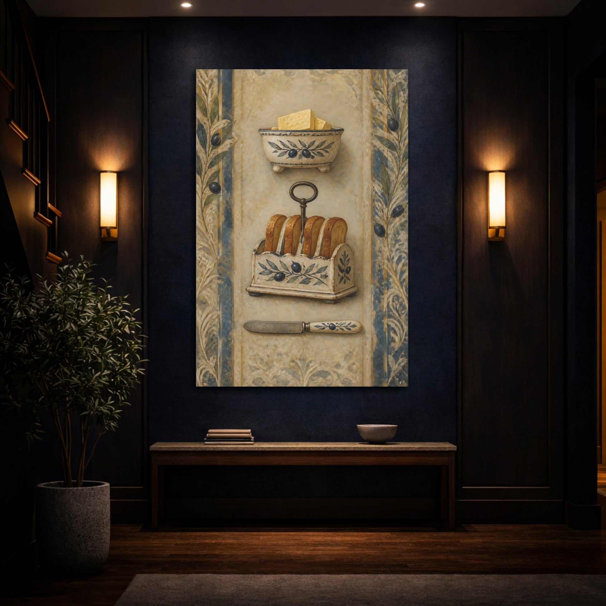 Mockup 4. Vintage Butter And Toast Brown And Blue Vintage shown as stretched canvas wall art