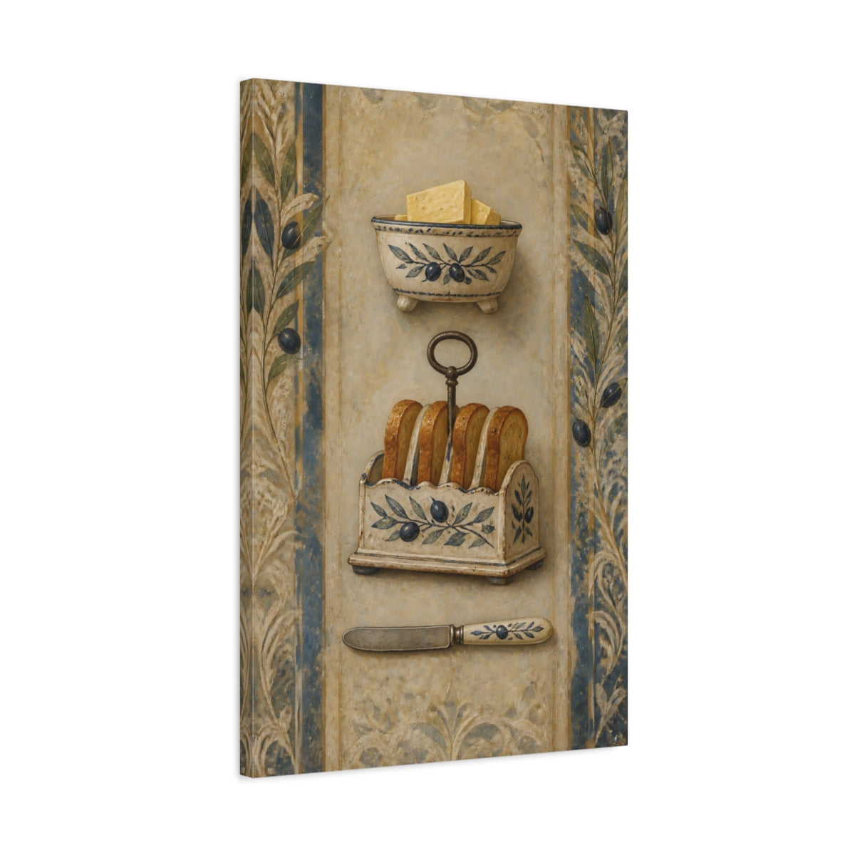 Side Mockup 2. Vintage Butter And Toast Brown And Blue Vintage shown as stretched canvas wall art