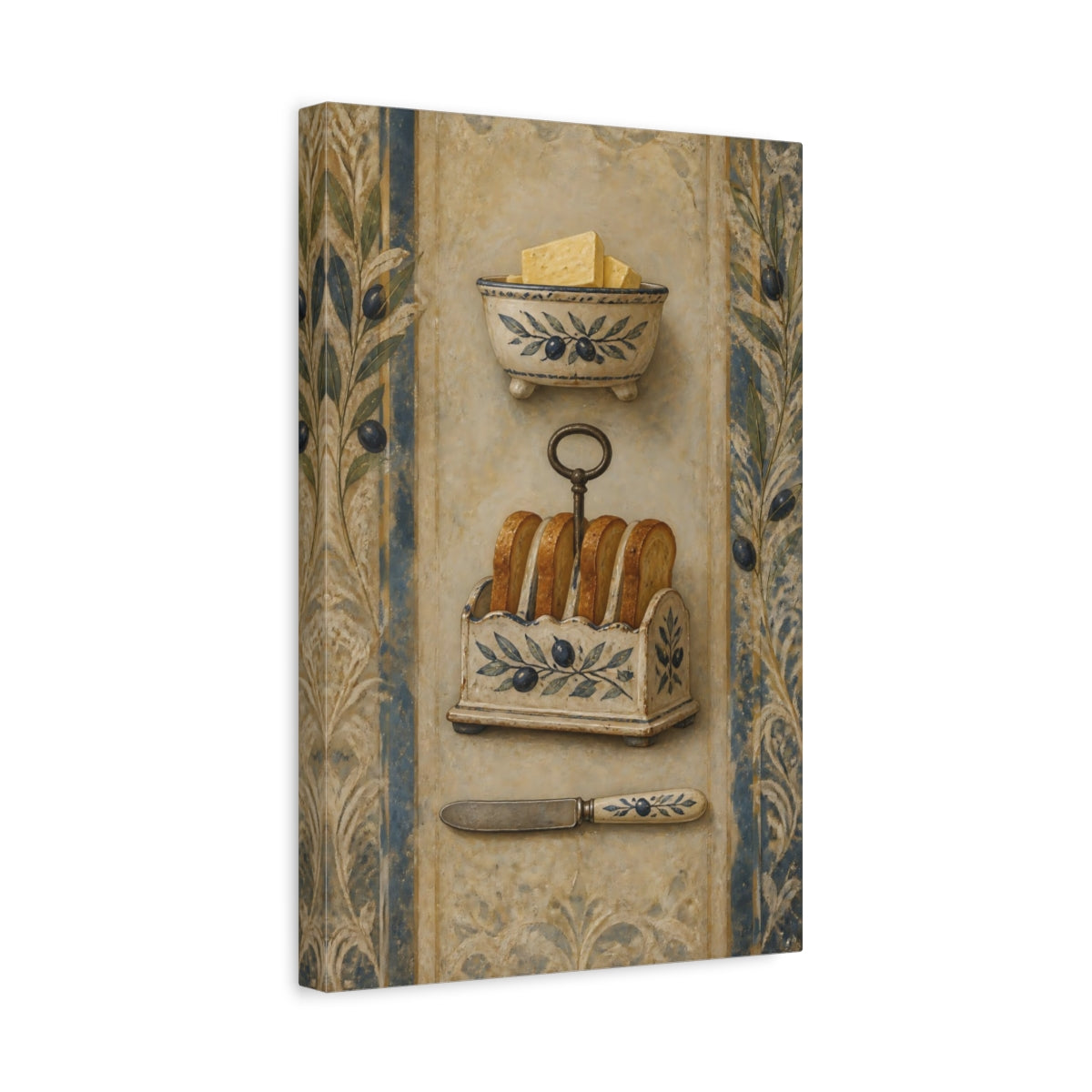 Side Mockup 4. Vintage Butter And Toast Brown And Blue Vintage shown as stretched canvas wall art