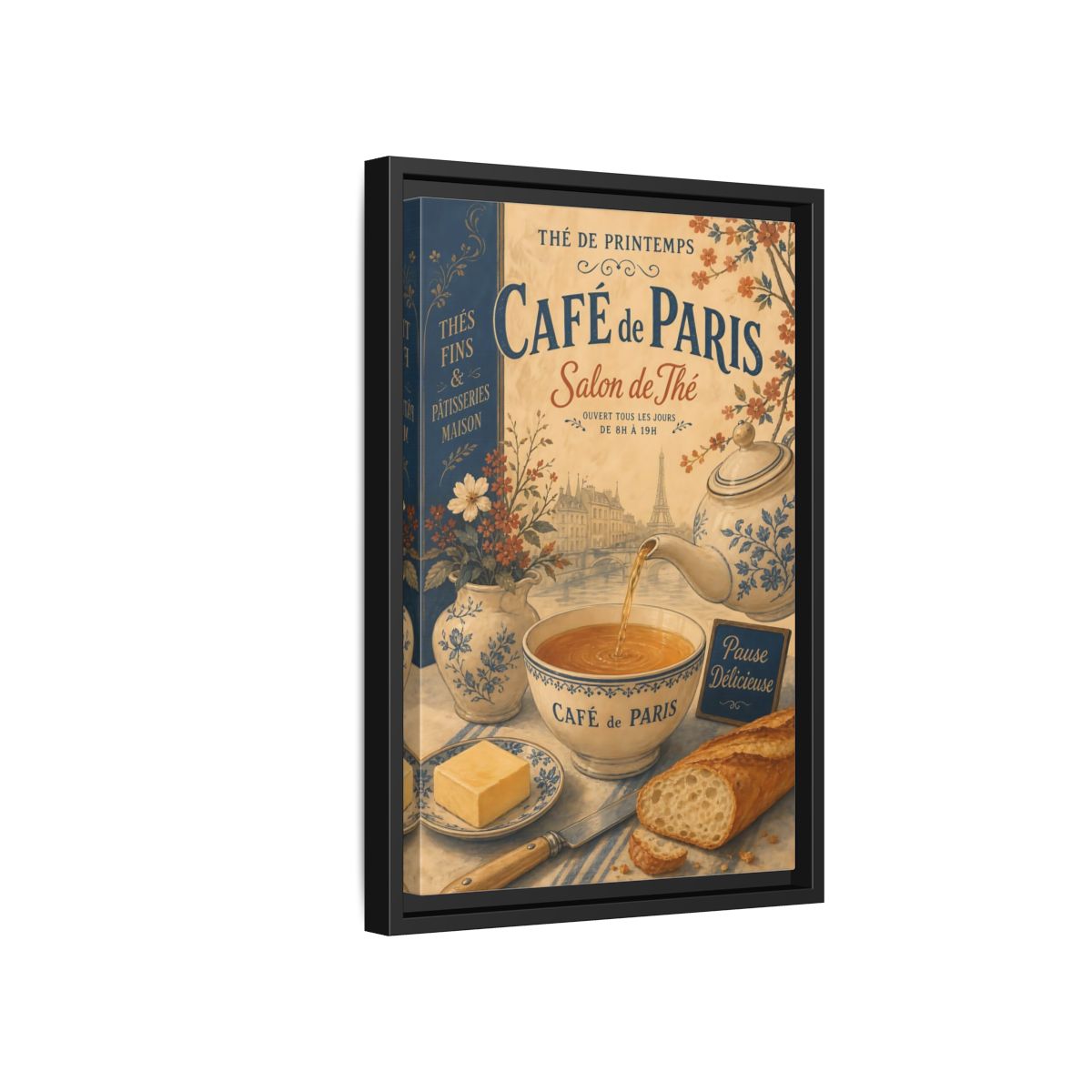 Side Mockup 6. Vintage Cafe Scene Vintage Paris Cafe shown as framed canvas print