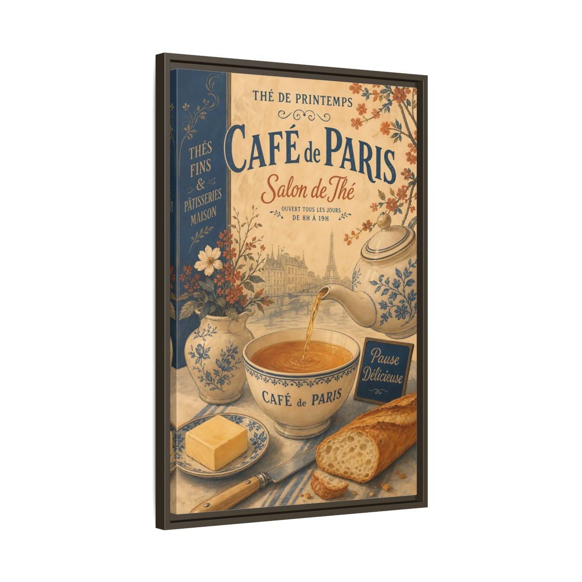Side Mockup 11. Vintage Cafe Scene Vintage Paris Cafe shown as framed canvas print