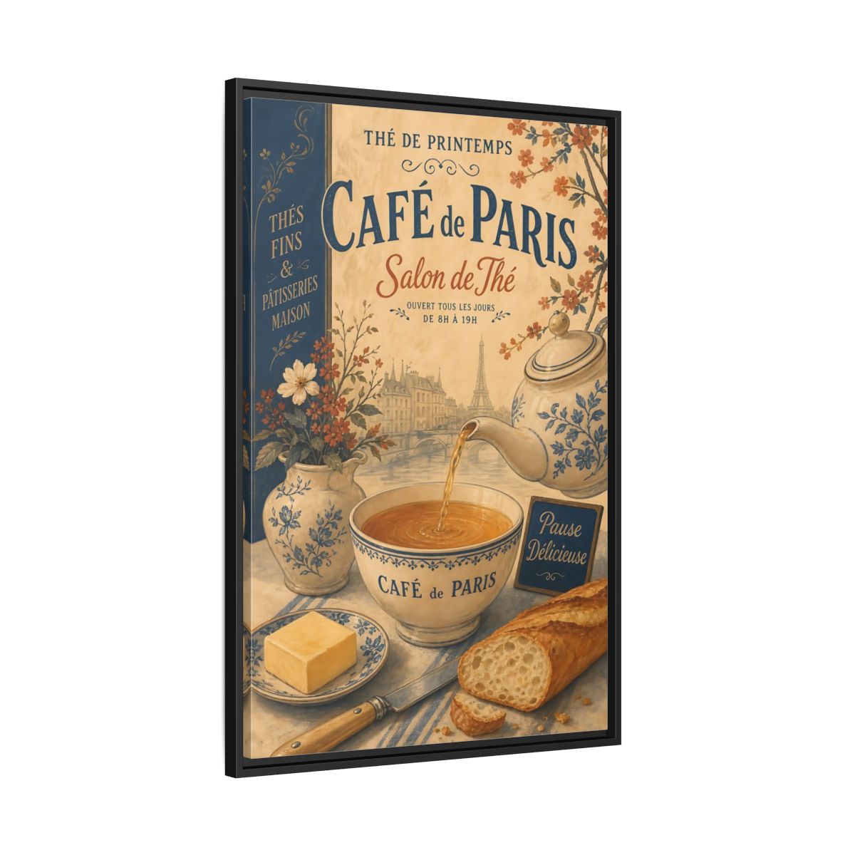 Side Mockup 13. Vintage Cafe Scene Vintage Paris Cafe shown as framed canvas print