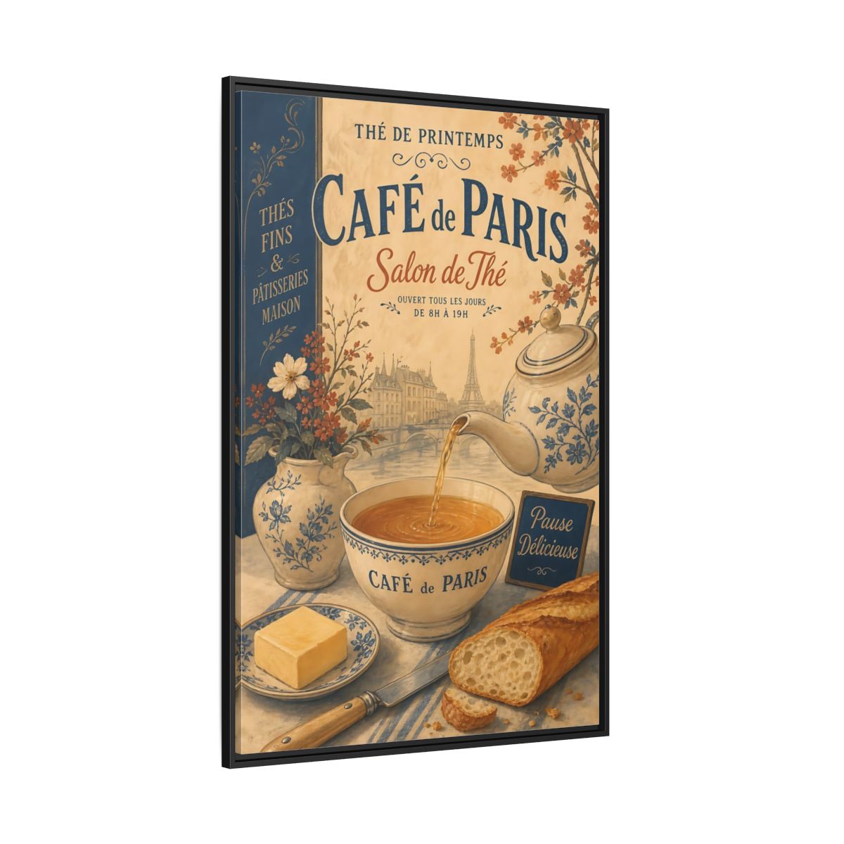 Side Mockup 12. Vintage Cafe Scene Vintage Paris Cafe shown as framed canvas print