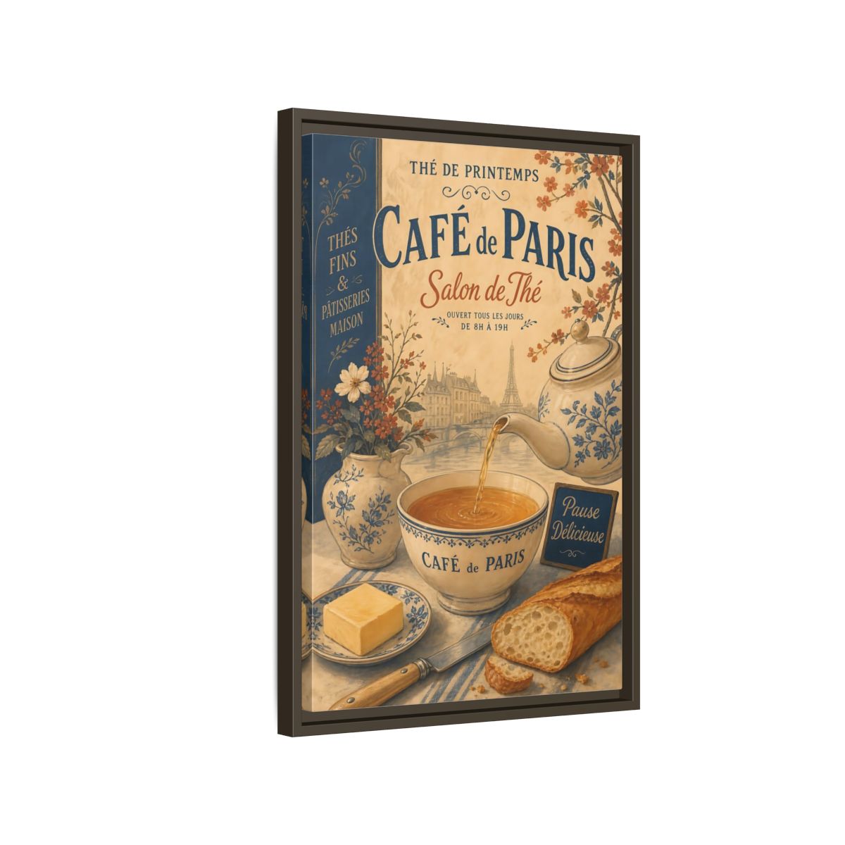 Side Mockup 2. Vintage Cafe Scene Vintage Paris Cafe shown as framed canvas print