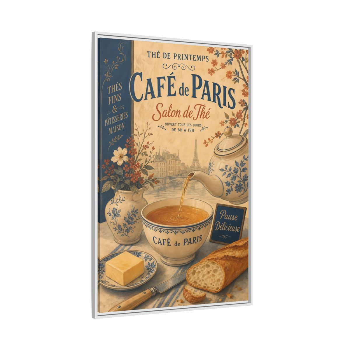 Side Mockup 7. Vintage Cafe Scene Vintage Paris Cafe shown as framed canvas print