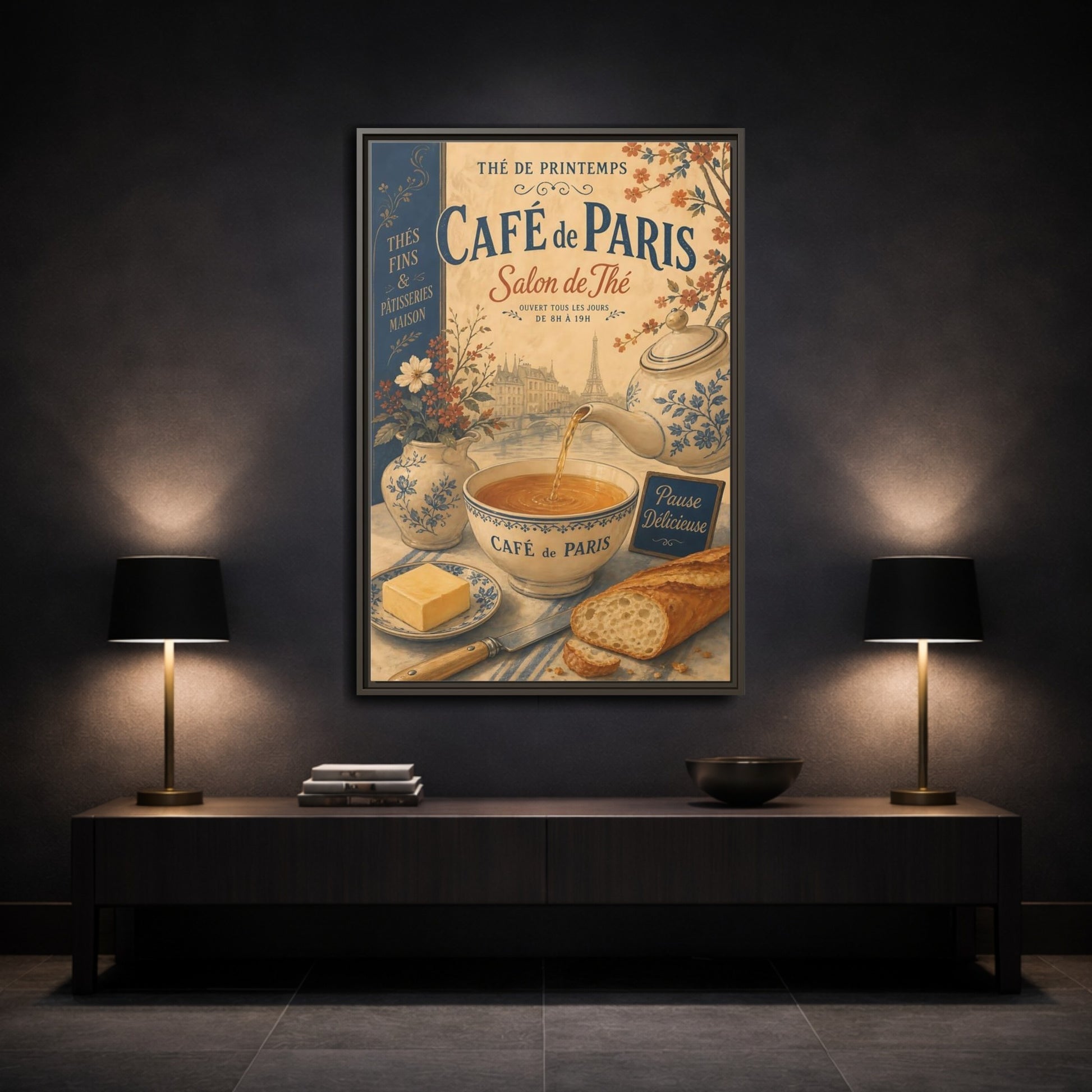 Mockup 2. Vintage Cafe Scene Vintage Paris Cafe shown as framed canvas print
