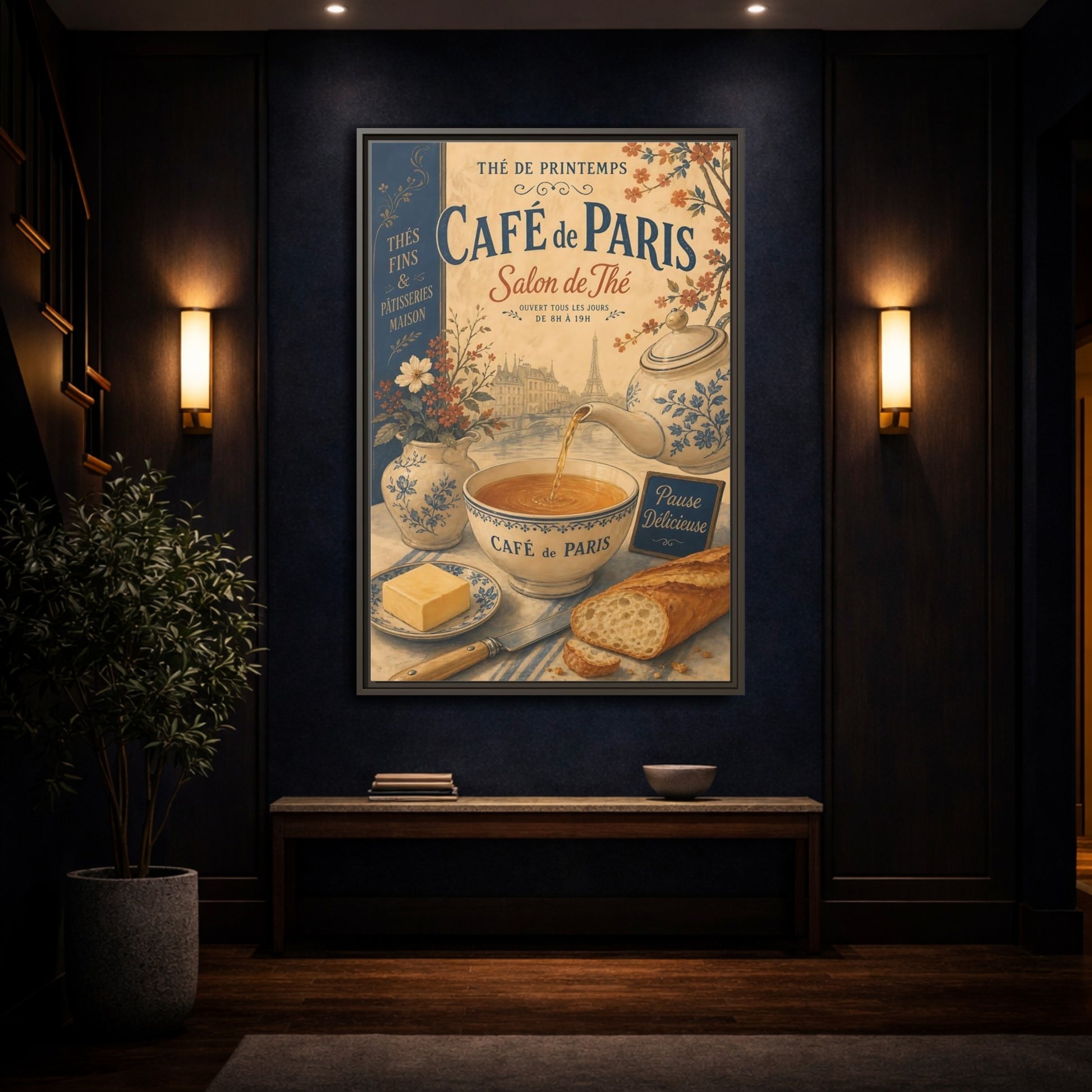 Mockup 4. Vintage Cafe Scene Vintage Paris Cafe shown as framed canvas print