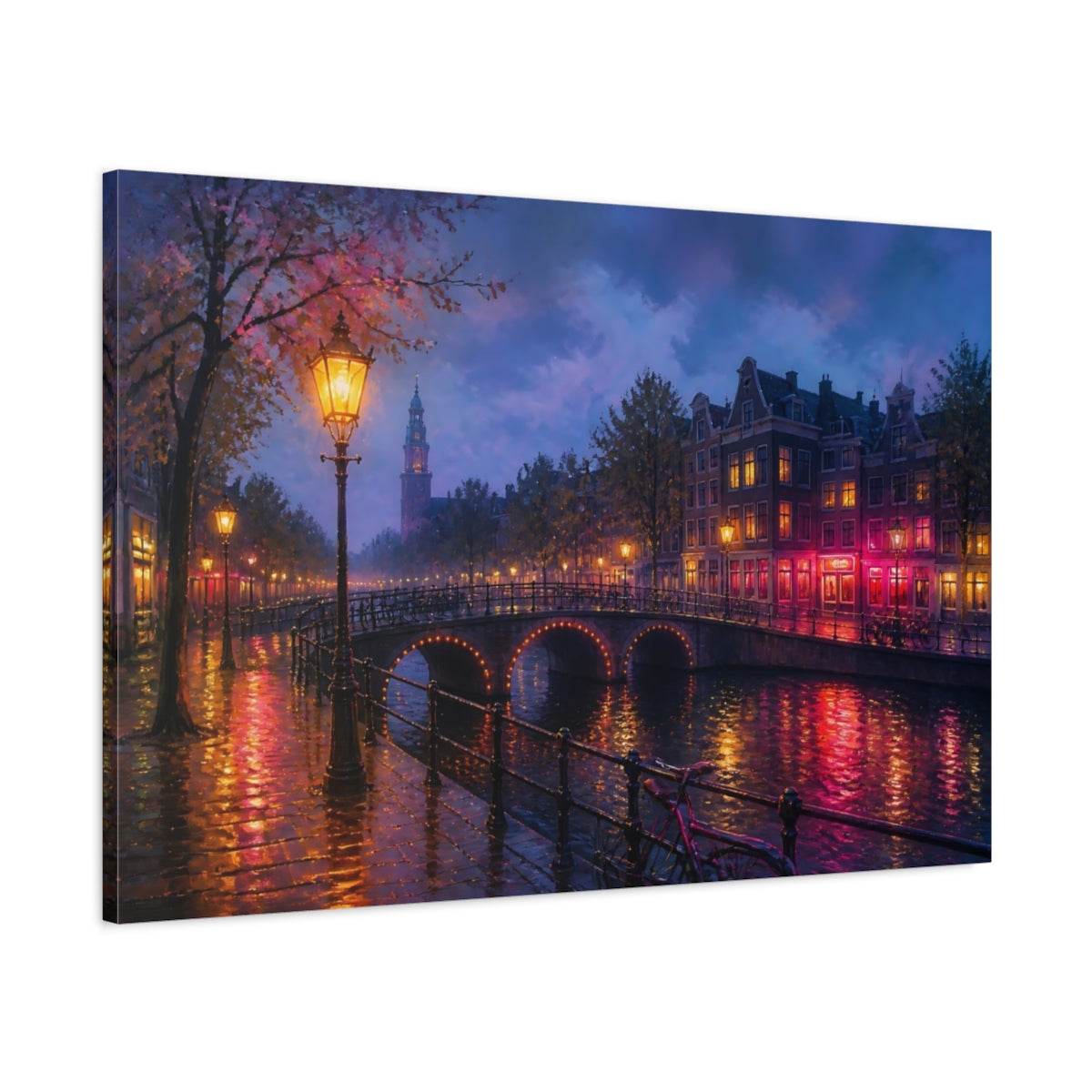 Main Mockup. Vintage Canal City Purple Pink Canal shown as stretched canvas wall art