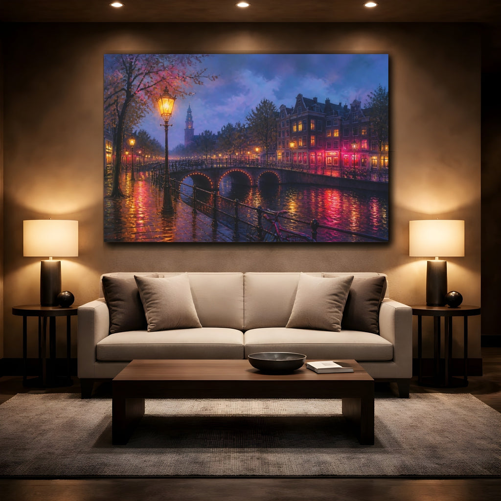 Mockup 2. Vintage Canal City Purple Pink Canal shown as stretched canvas wall art
