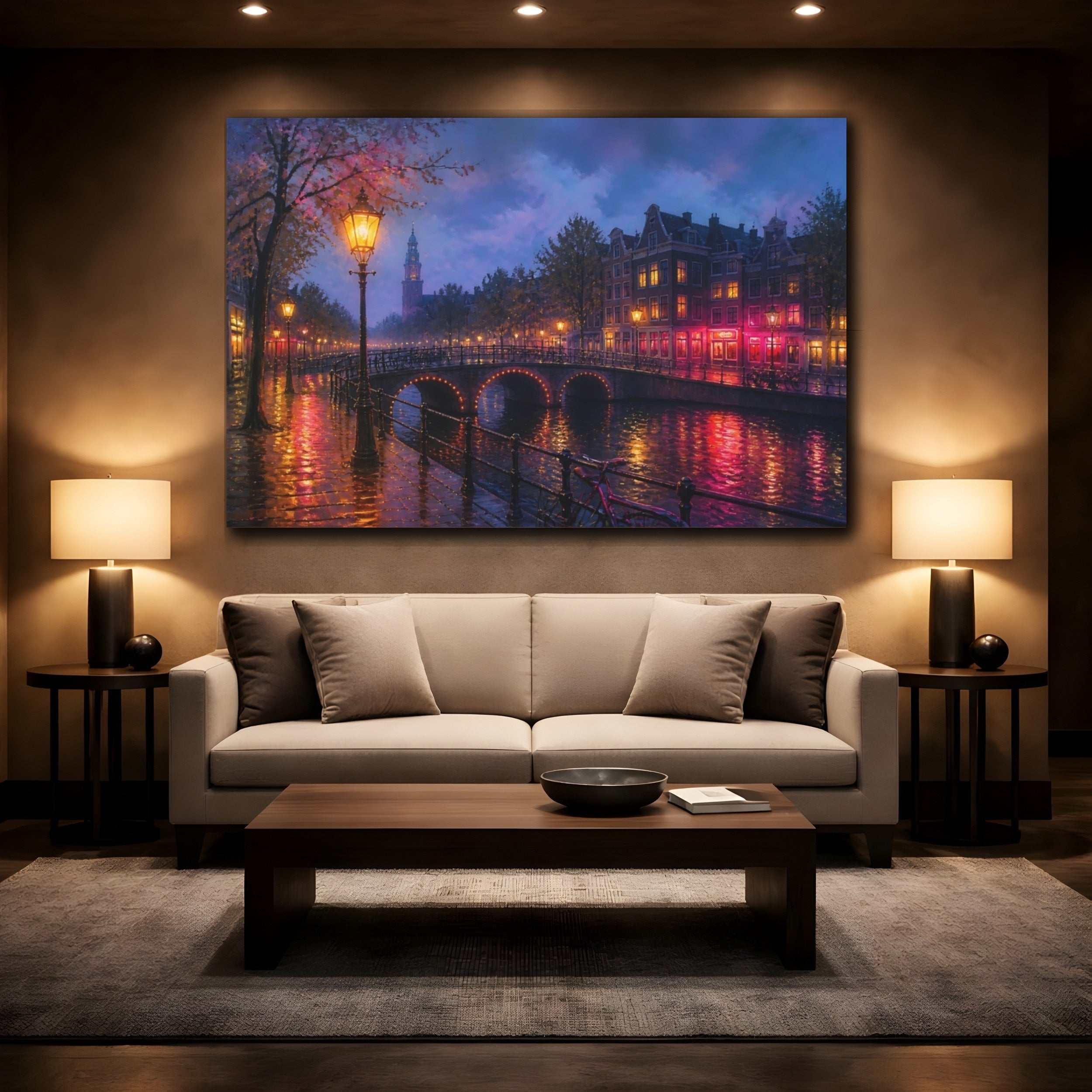 Mockup 2. Vintage Canal City Purple Pink Canal shown as stretched canvas wall art
