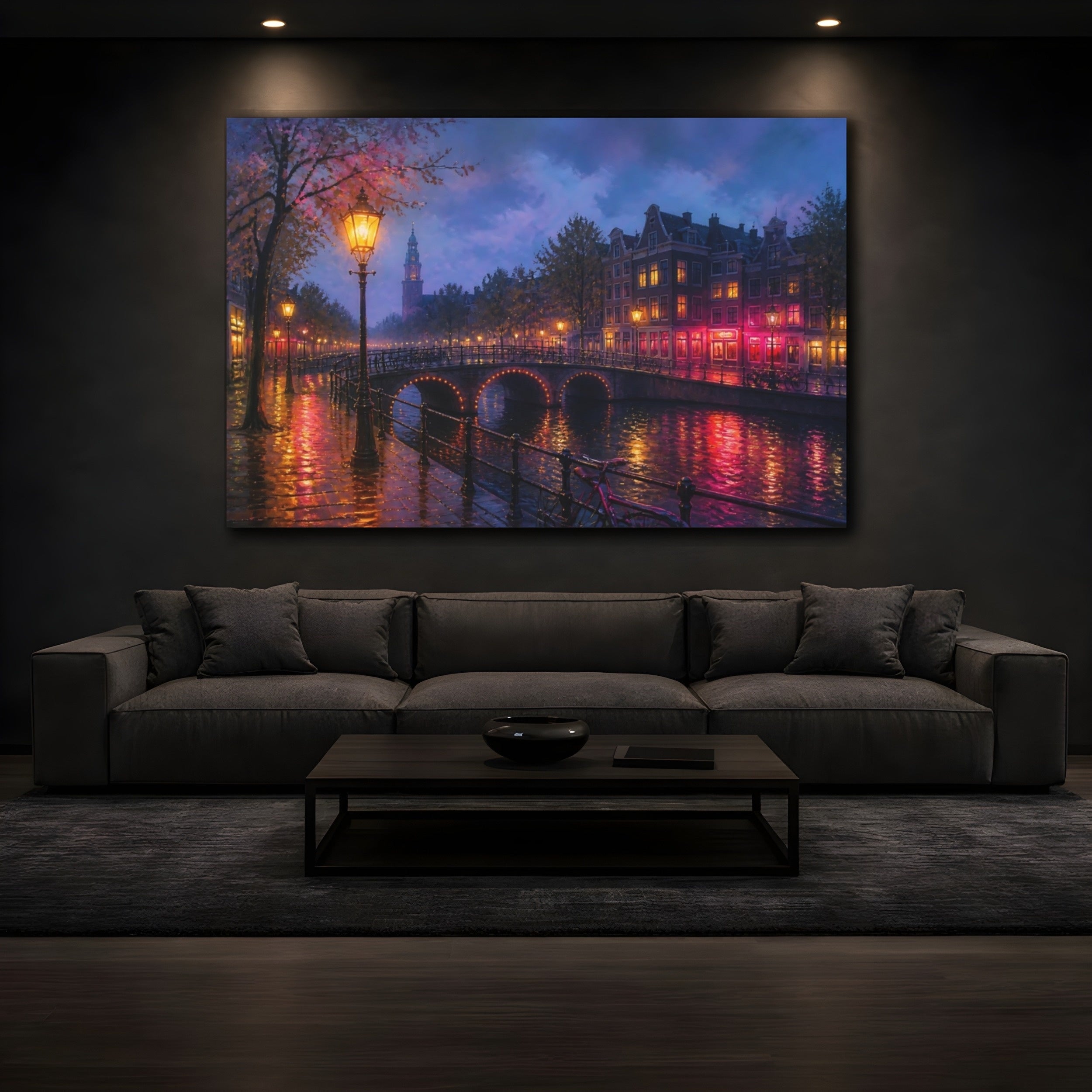 Mockup 3. Vintage Canal City Purple Pink Canal shown as stretched canvas wall art
