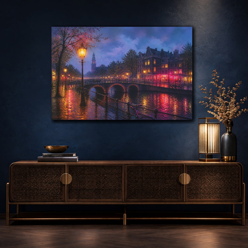 Mockup 4. Vintage Canal City Purple Pink Canal shown as stretched canvas wall art