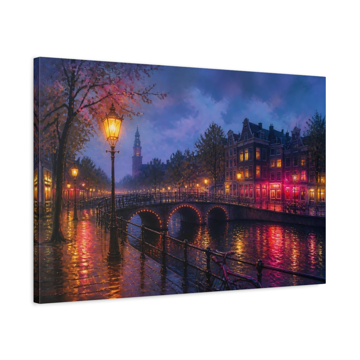 Side Mockup 2. Vintage Canal City Purple Pink Canal shown as stretched canvas wall art